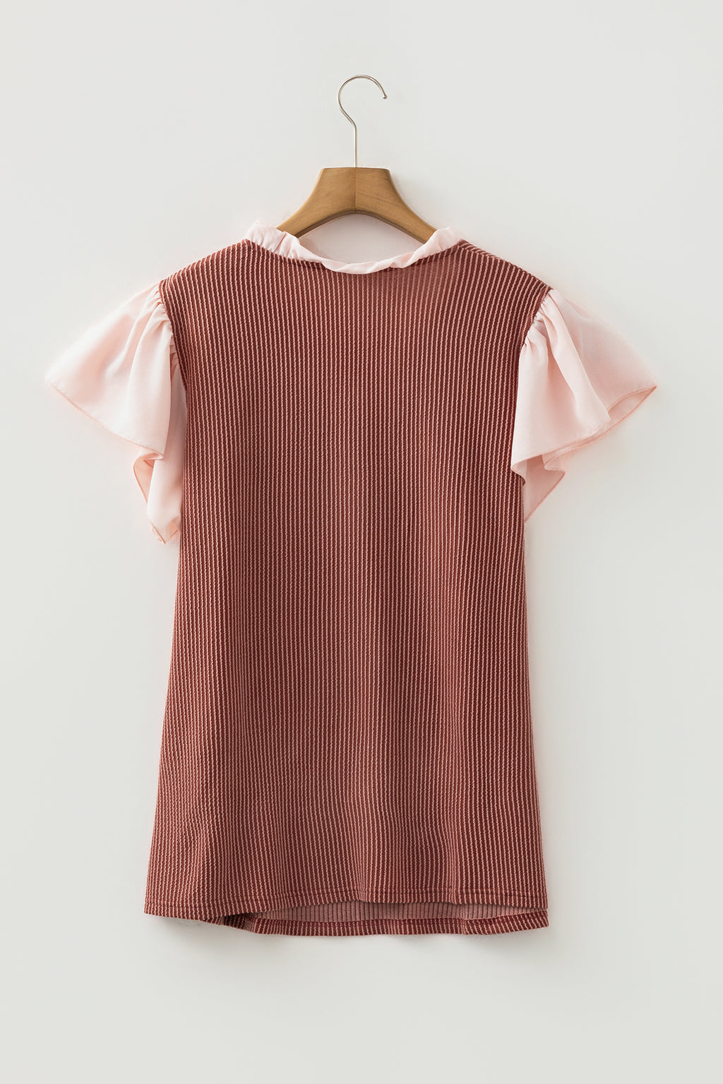 Rose Pink Plus Size Contrast Frilled Neckline Ruffled Short Sleeve Ribbed Textured Blouse
