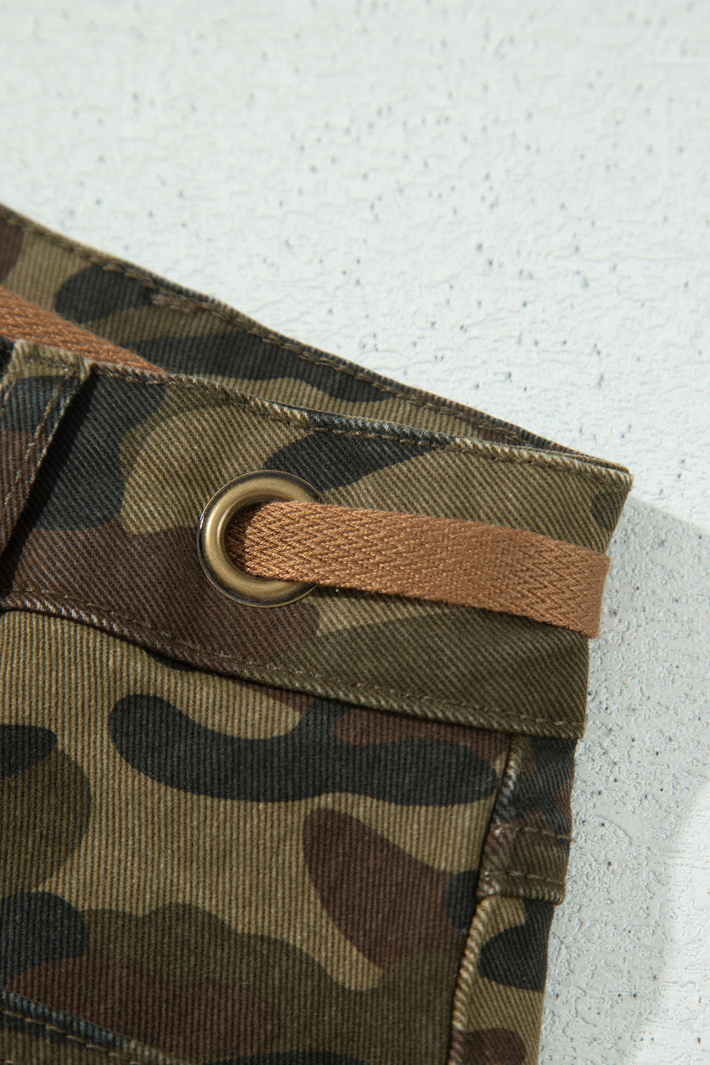 Multicolour Camouflage Print Retro Grommet Tie Waist Loose Jeans
