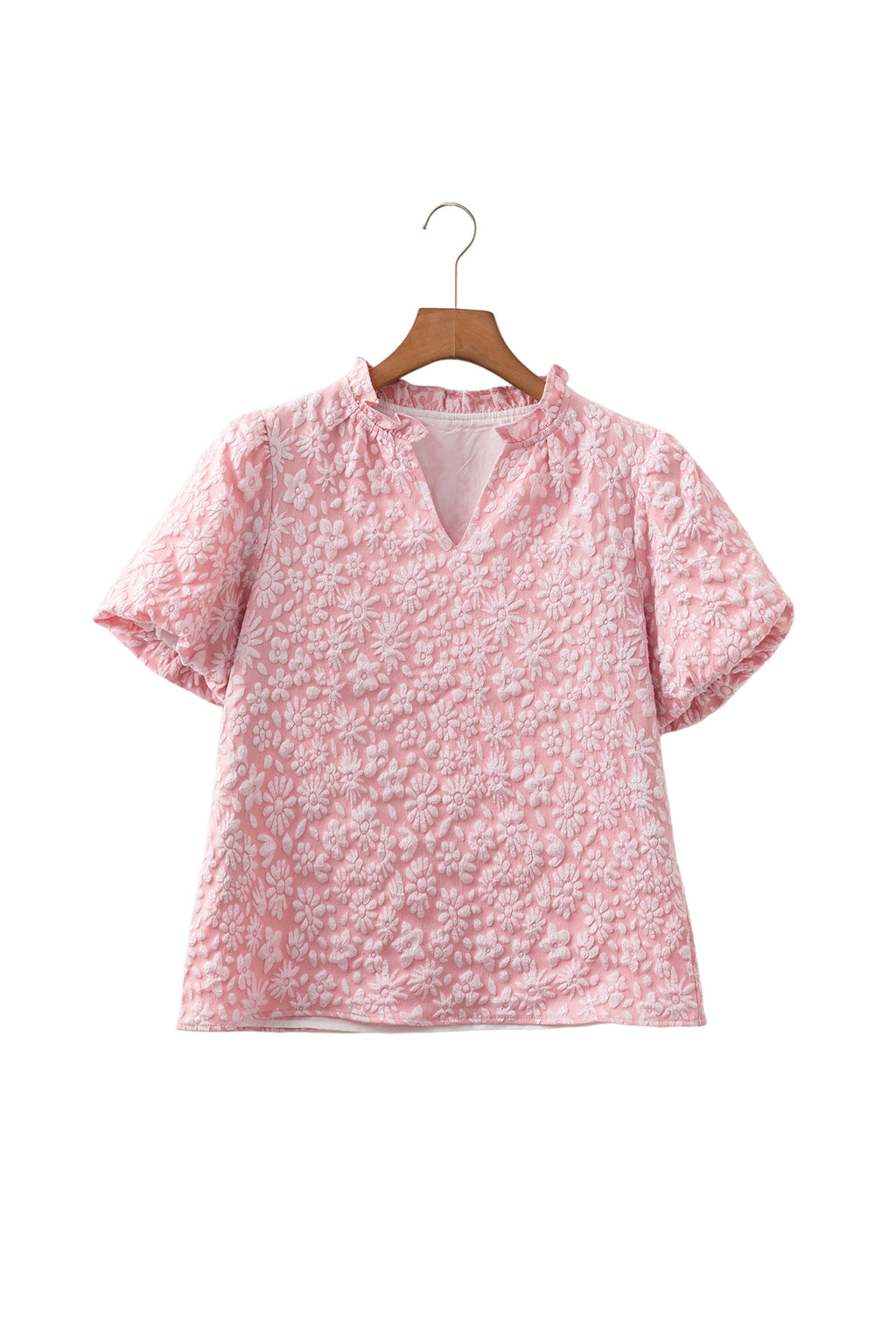 Beige Floral Textured Jacquard Puff Sleeve Blouse