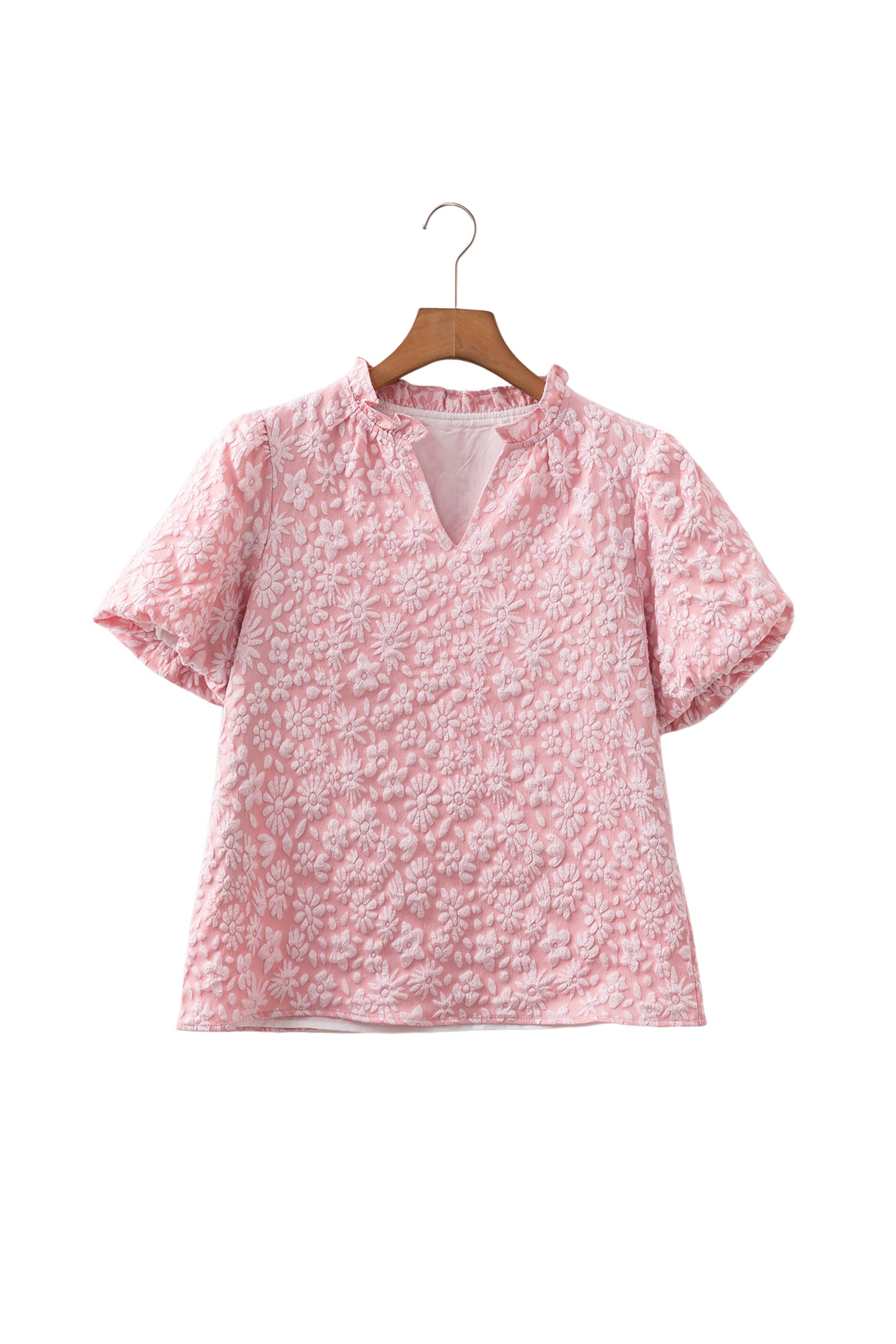 Beige Floral Textured Jacquard Puff Sleeve Blouse