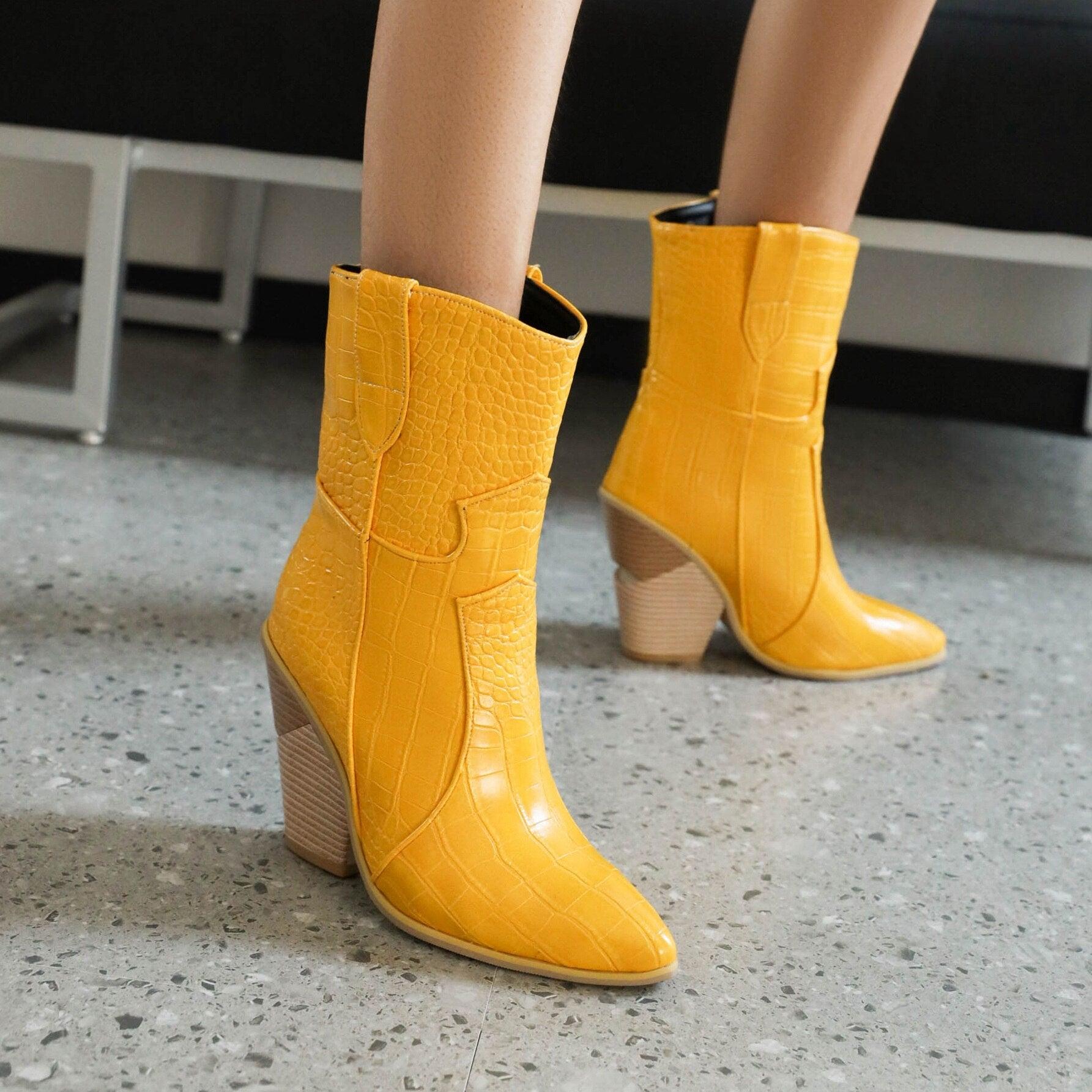 Cowgirl Chic High Heel Ankle Boots - Trendy Denim and Leather Boots for Women