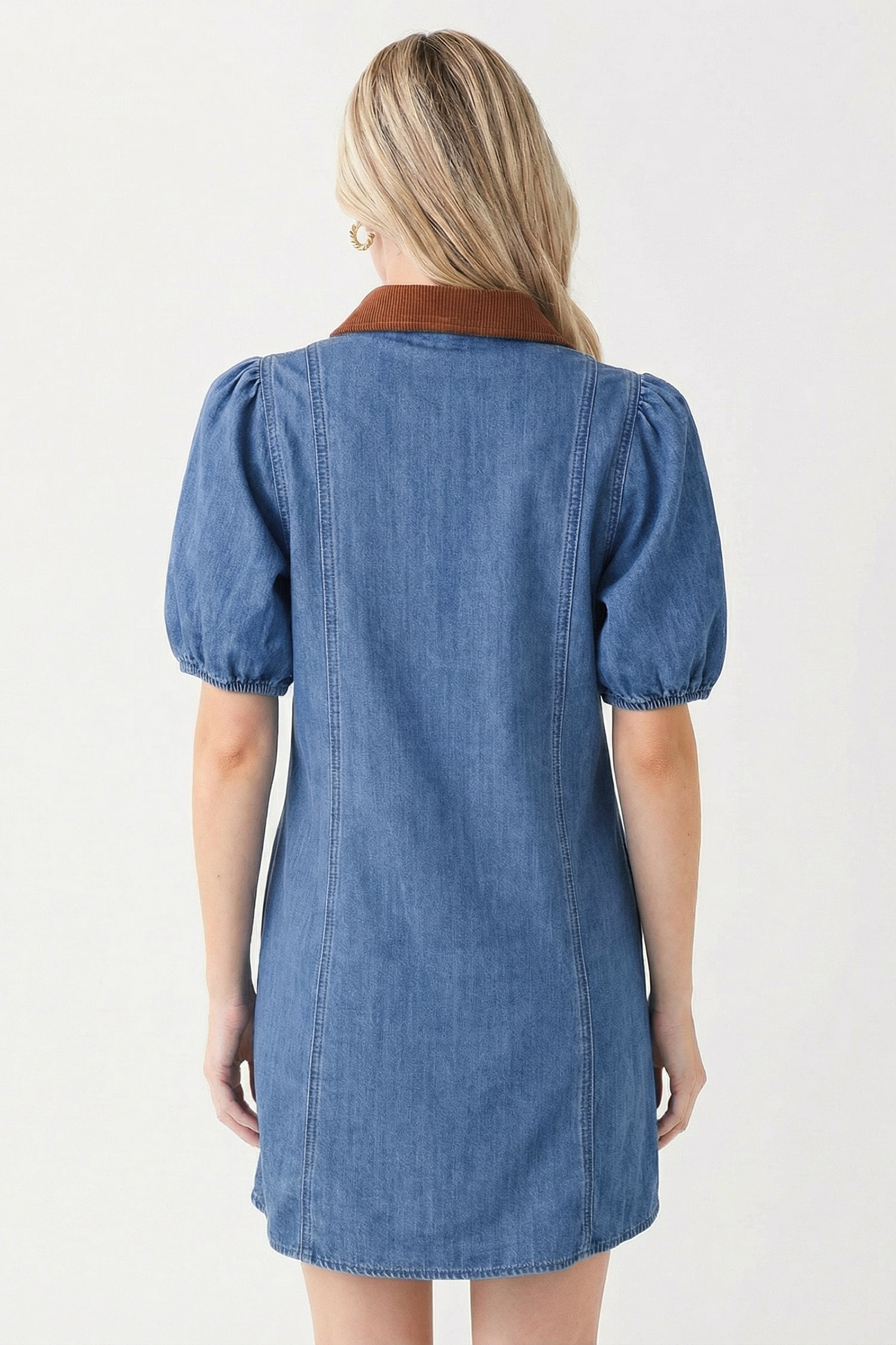 Blue Denim Short Puff Sleeve Color Block Shirt Collar Patchwork Mini Dress