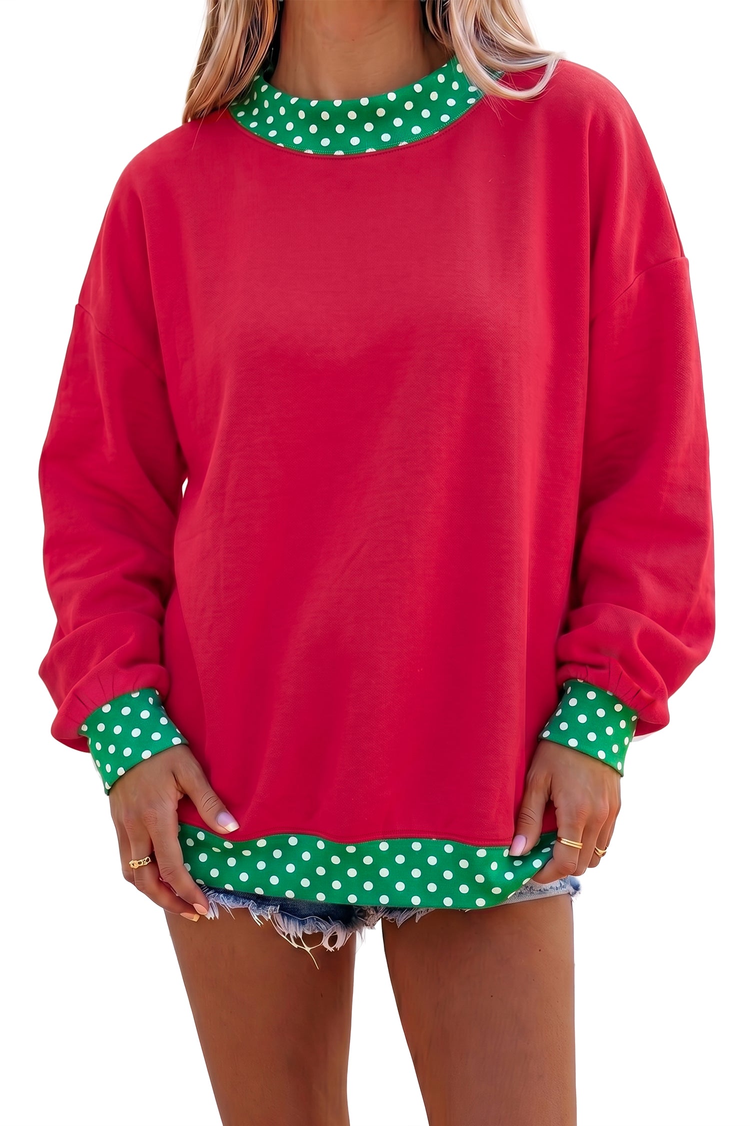 Fiery Red Colorblock Polka Dot Contrast Trim Oversized Sweatshirt