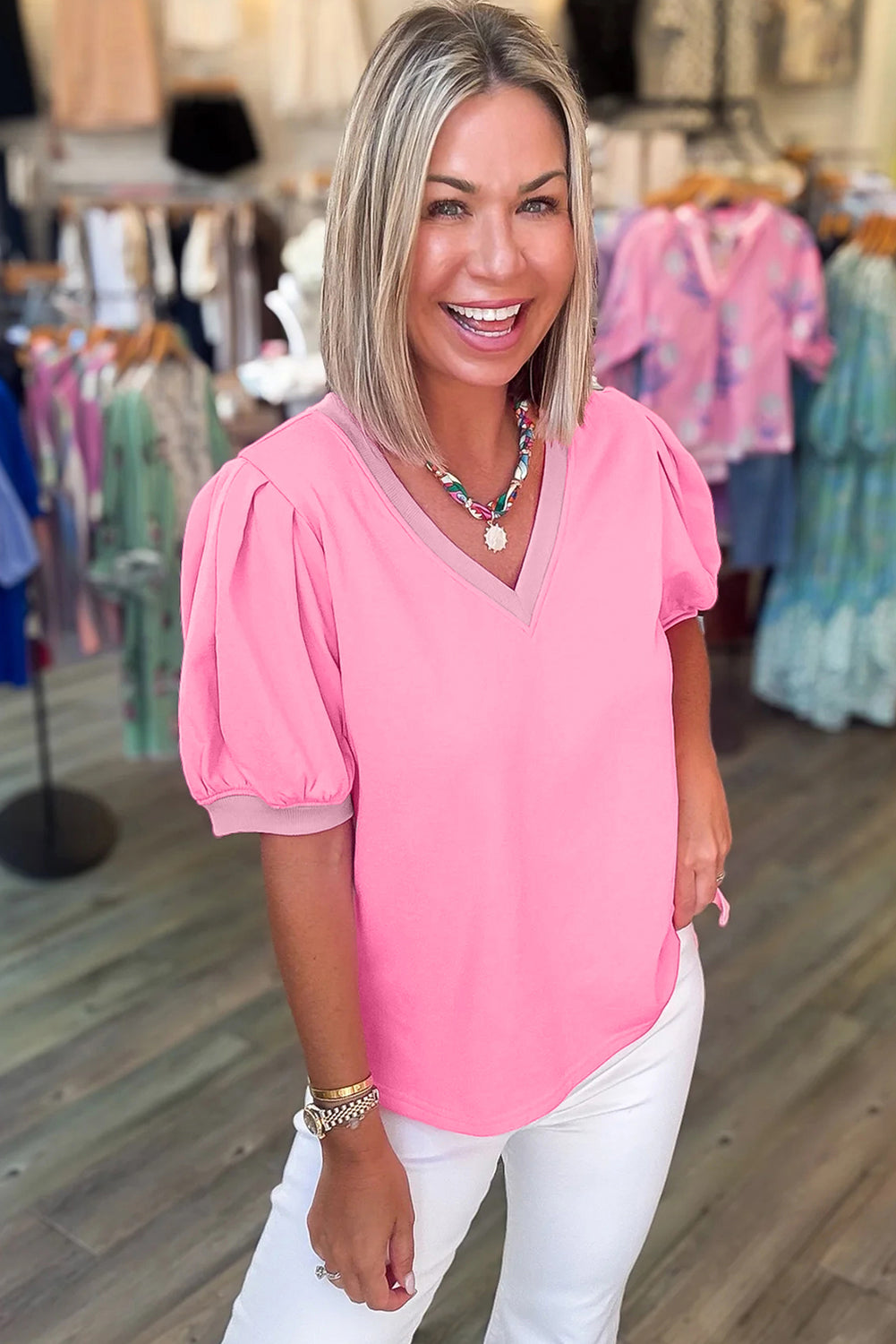 Bonbon Solid Color V Neck Short Puff Sleeve Blouse