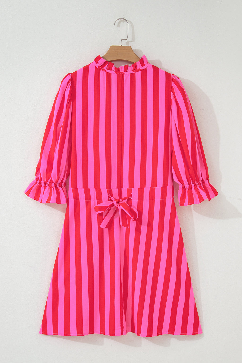 Rose Stripe Frilled Collar Button Neck Short Sleeve Curvy Mini Dress