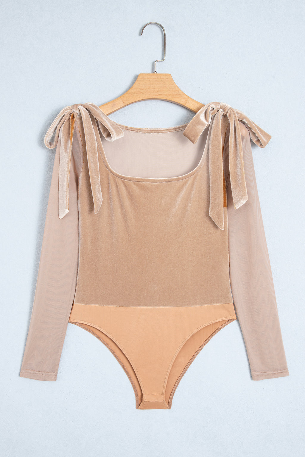 Light French Beige Solid Color Velvet Knot Square Neck Sheer Long Sleeve Bodysuit