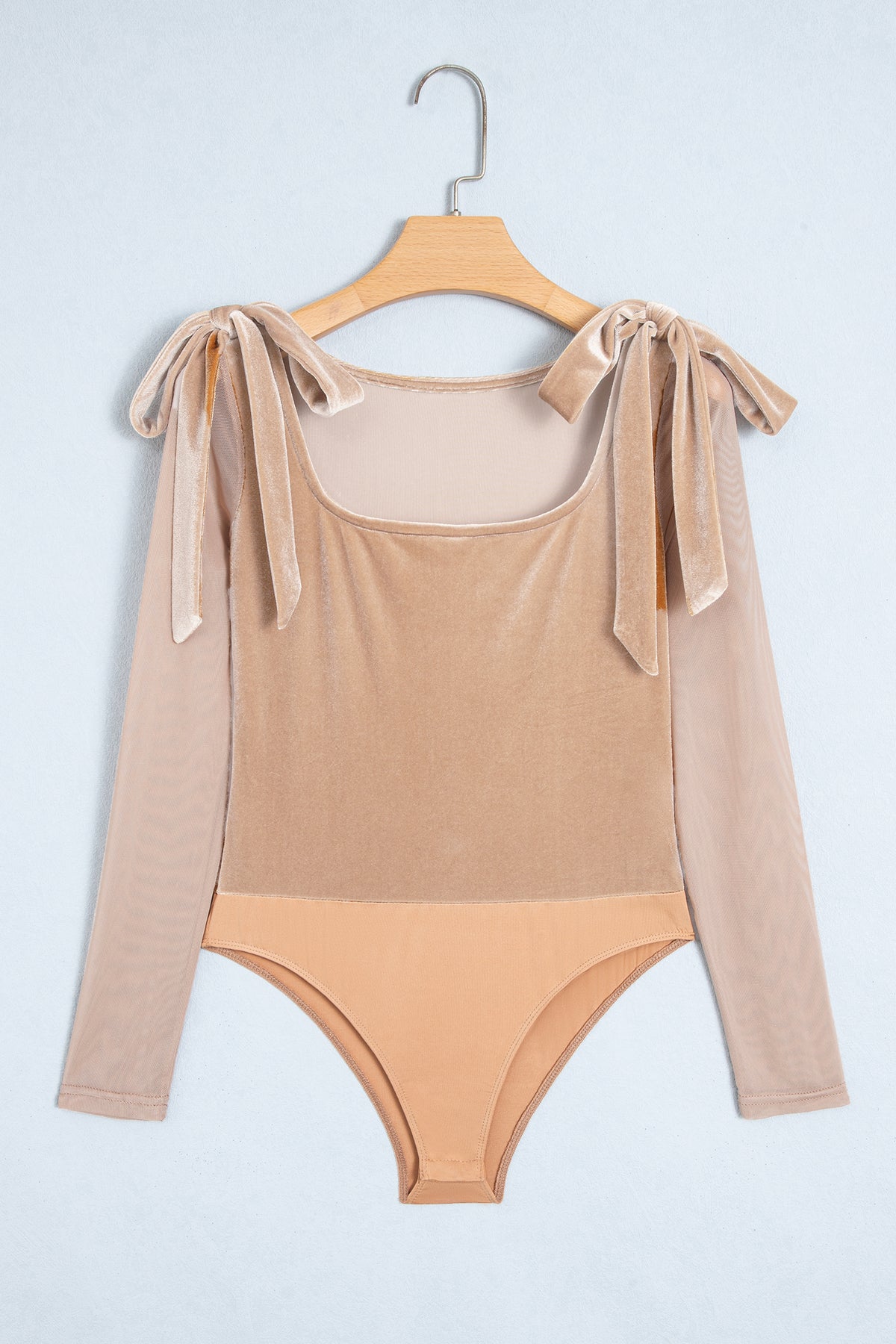 Light French Beige Solid Color Velvet Knot Square Neck Sheer Long Sleeve Bodysuit