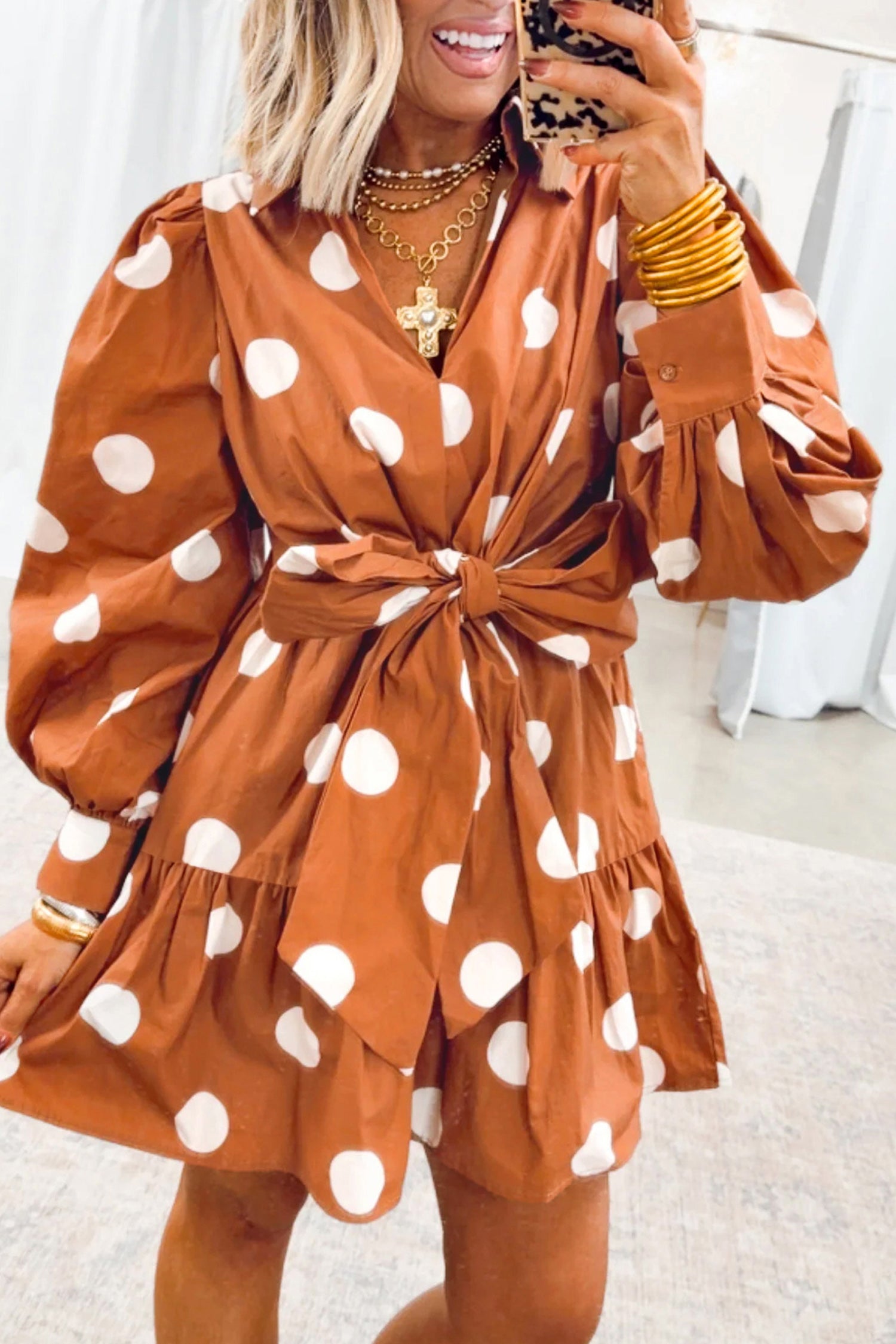 Brown Polka Dot Long Sleeve Tie Waist Casual Shift Mini Dress