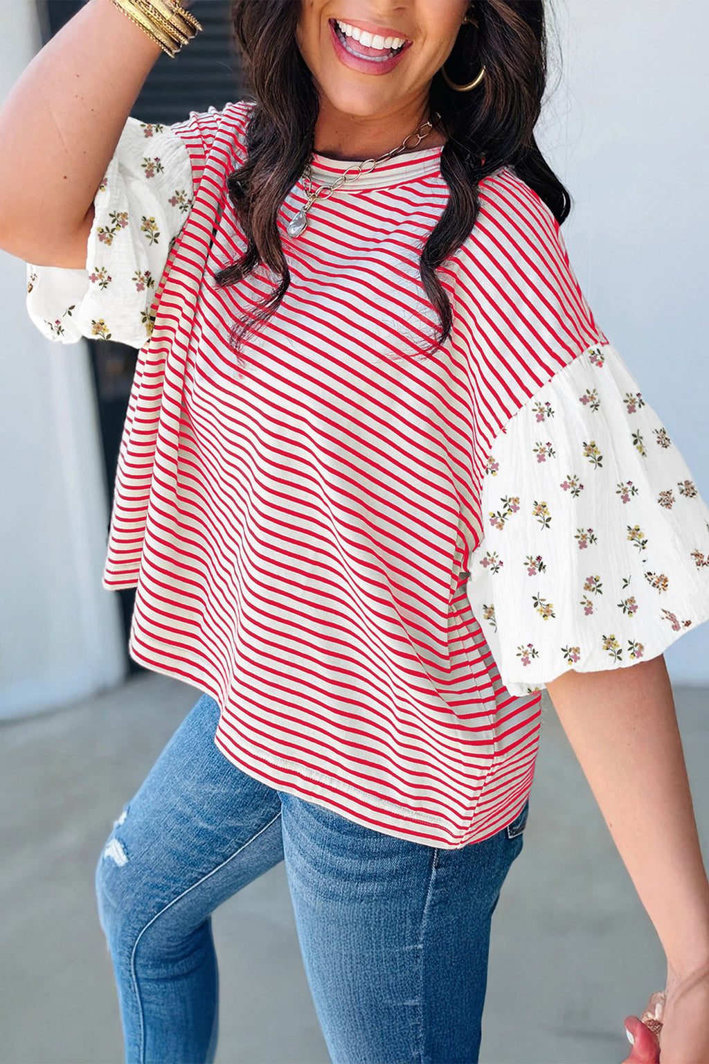 Green Stripe Floral Puff Sleeve Patchwork Round Neck Loose Top