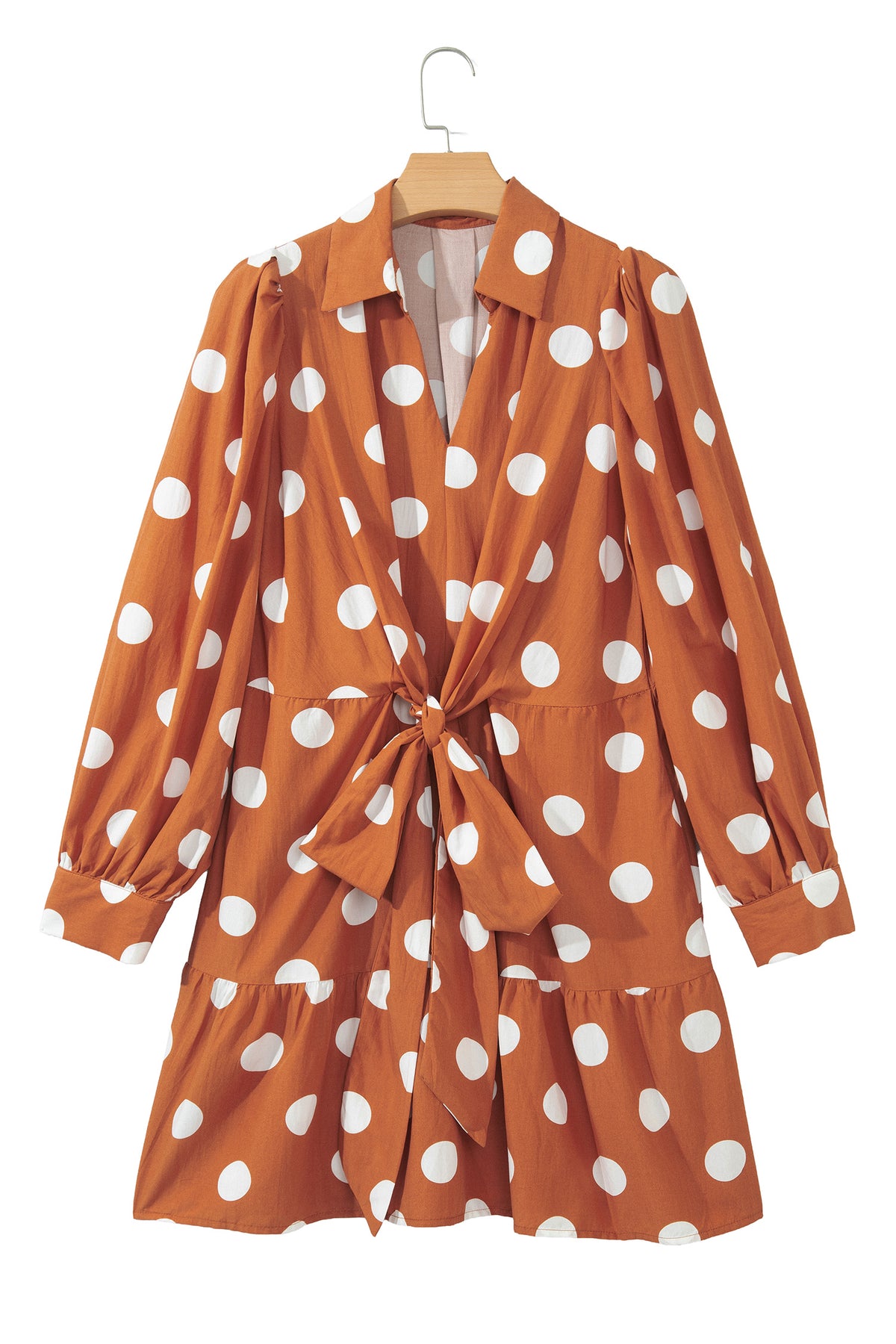 Brown Polka Dot Long Sleeve Tie Waist Casual Shift Mini Dress