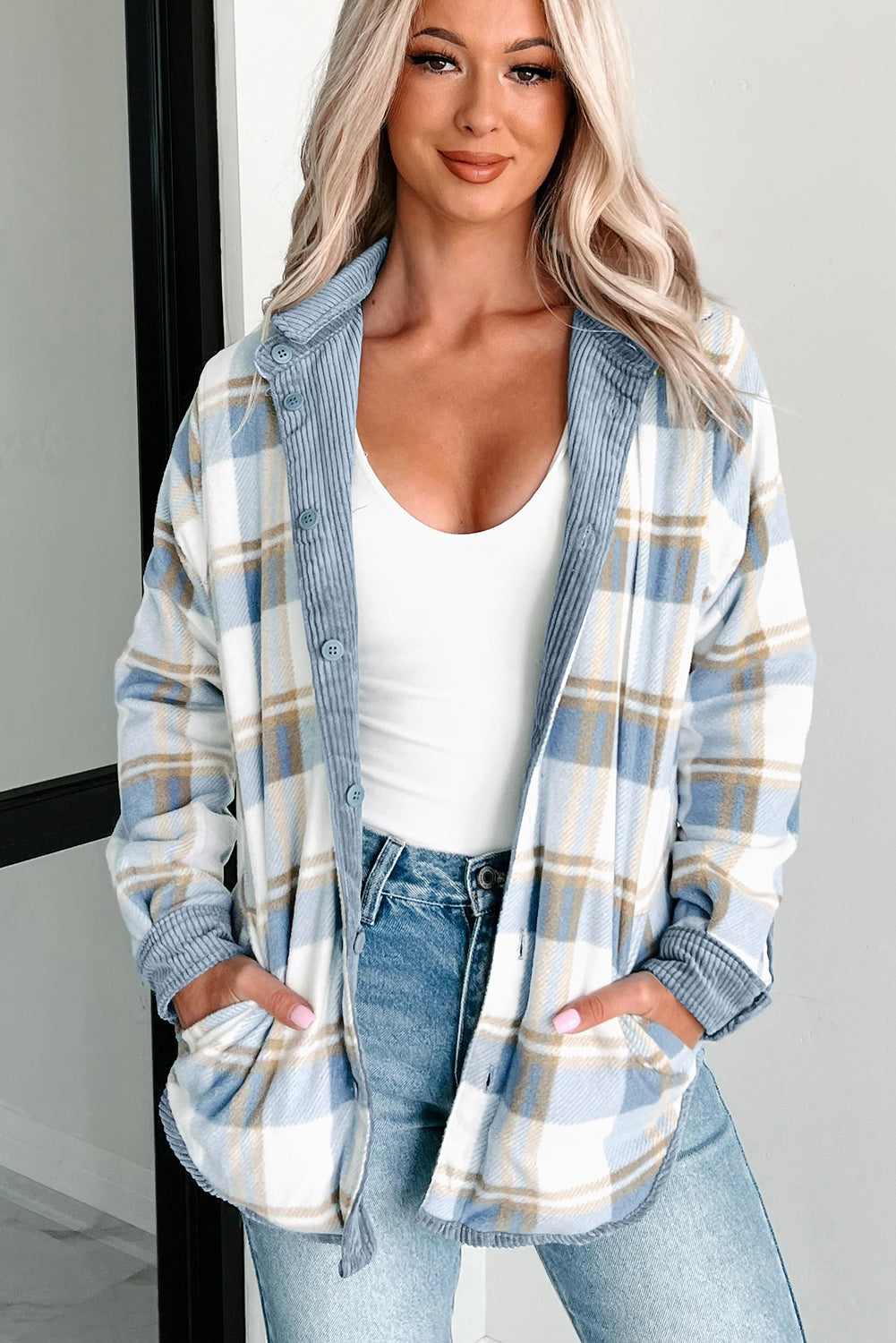Stone Blue Plaid Corduroy Reversible Button Up Shacket