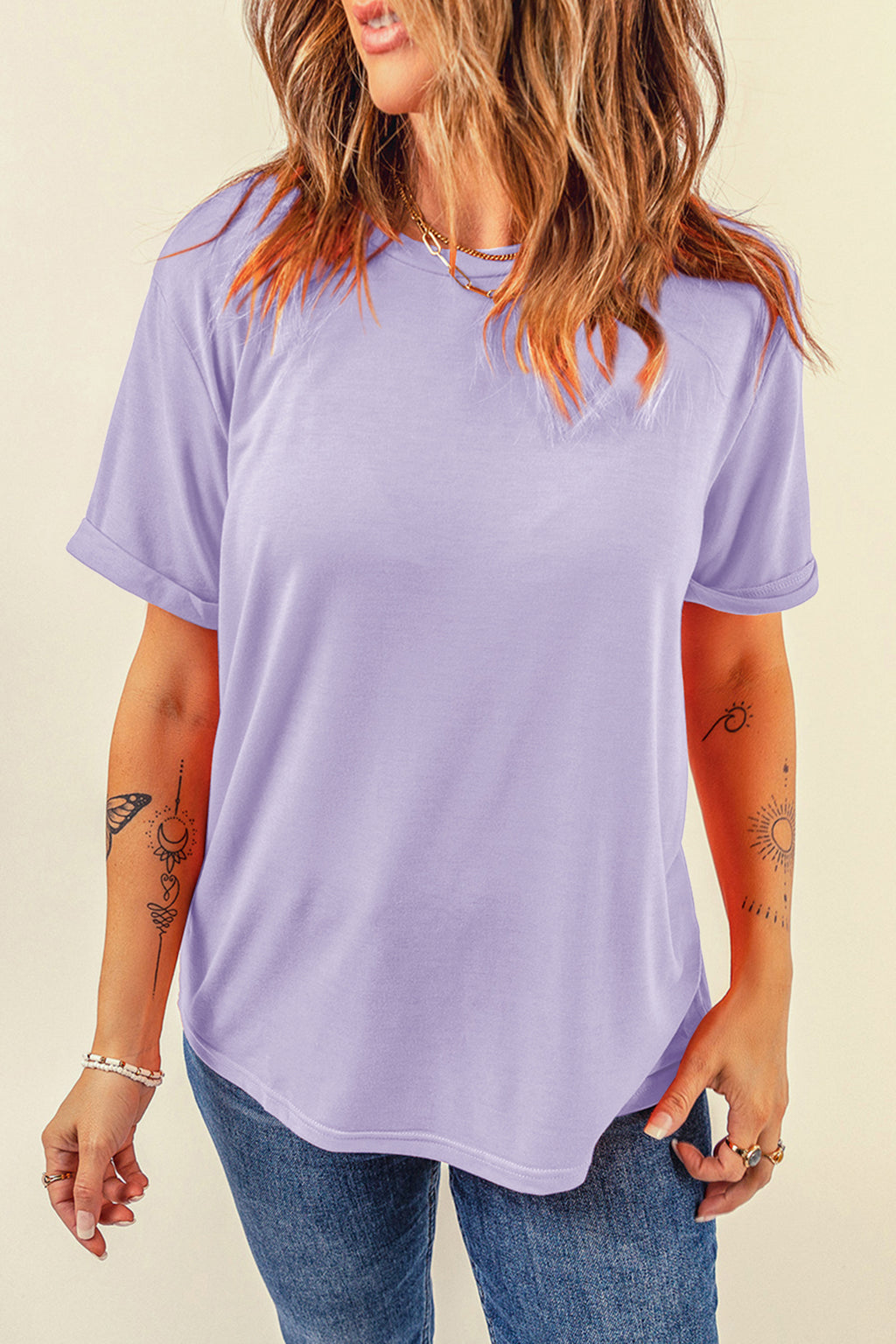 Yellow Cream Casual Plain Crew Neck Tee