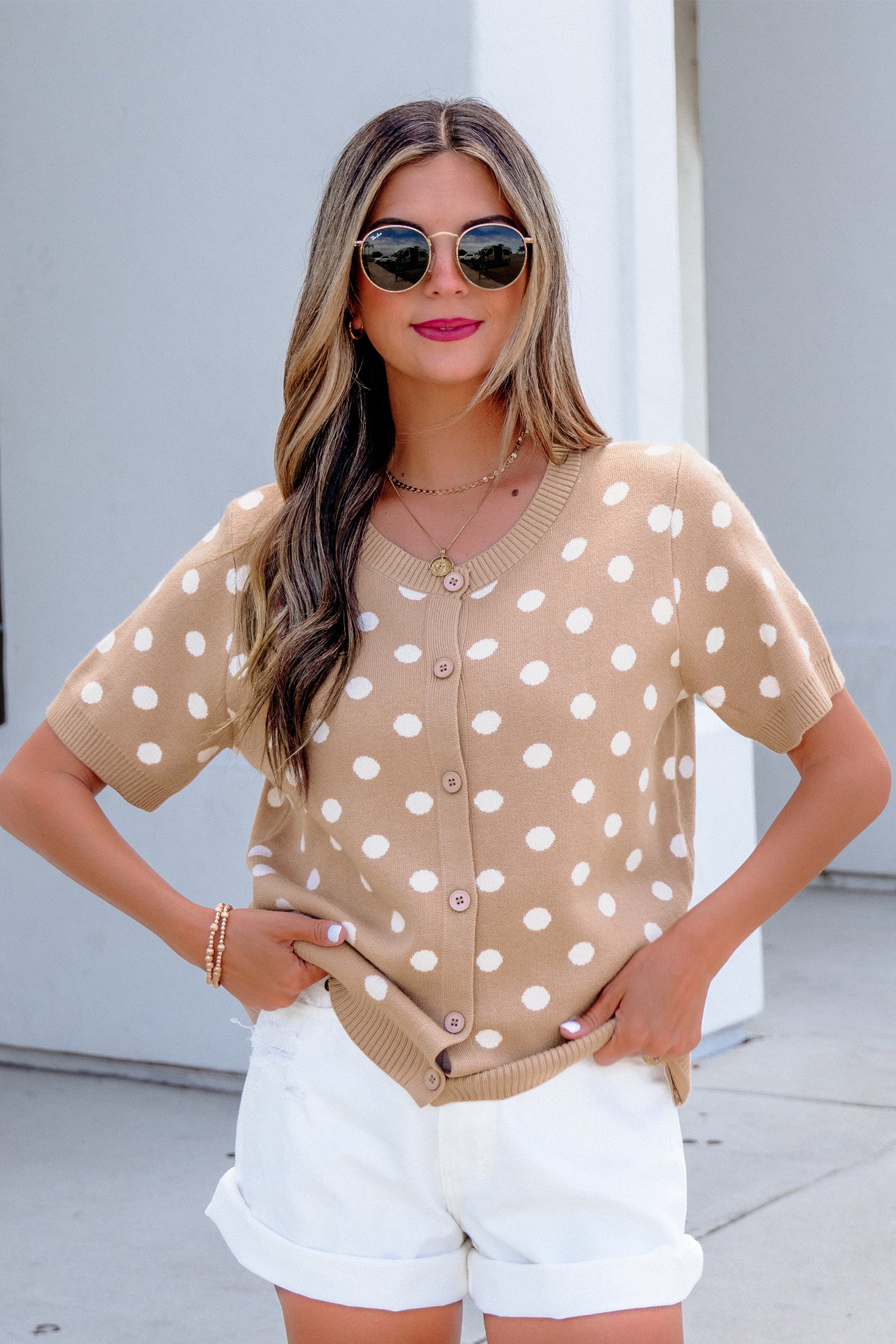 Dark Khaki Polka Dot Short Sleeve Button Down Sweater Cardigan