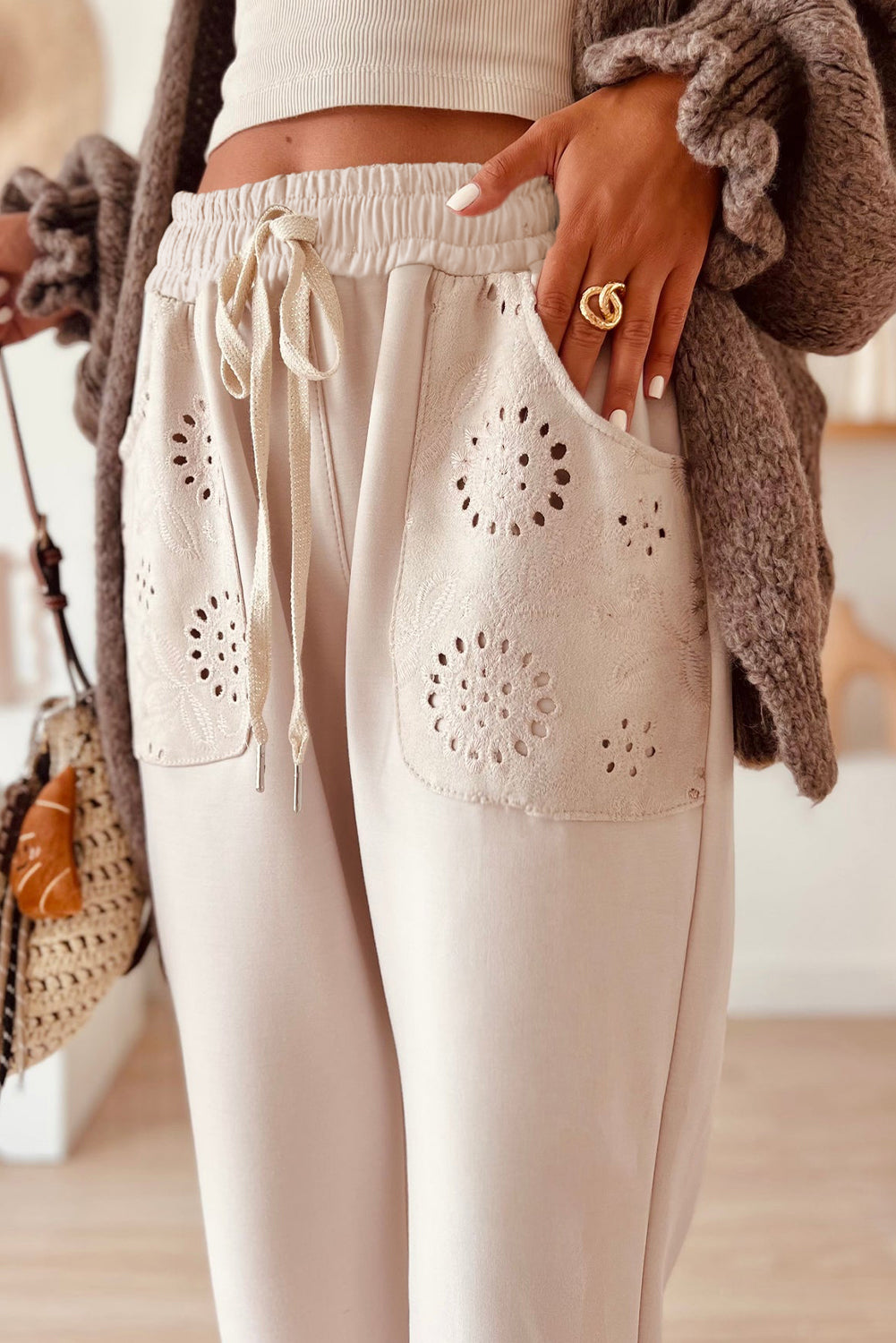 Jet Stream Embroidered Patched Pockets Drawstring Pants