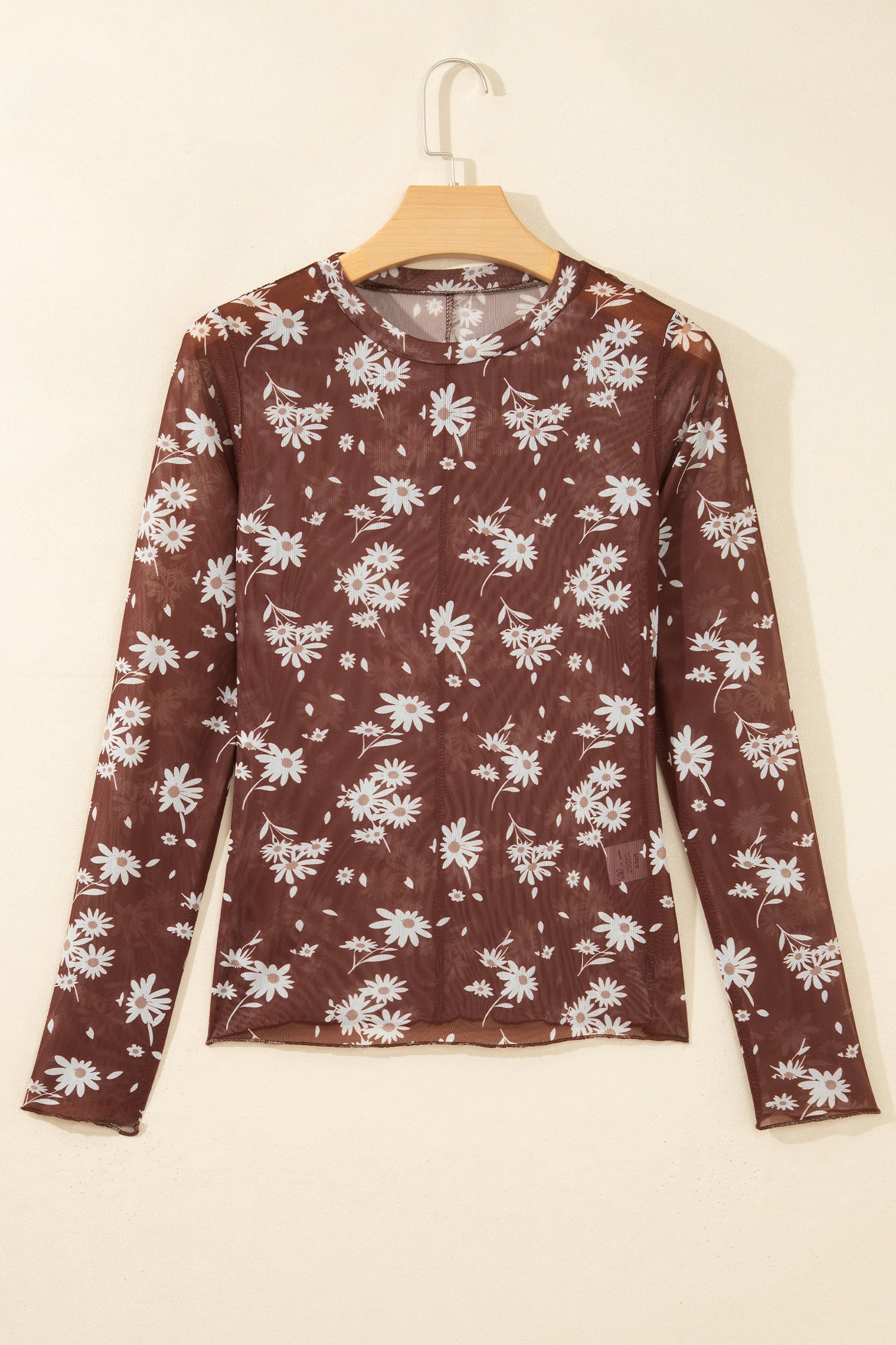 Brown Floral Print Sheer Mesh Long Sleeve Top