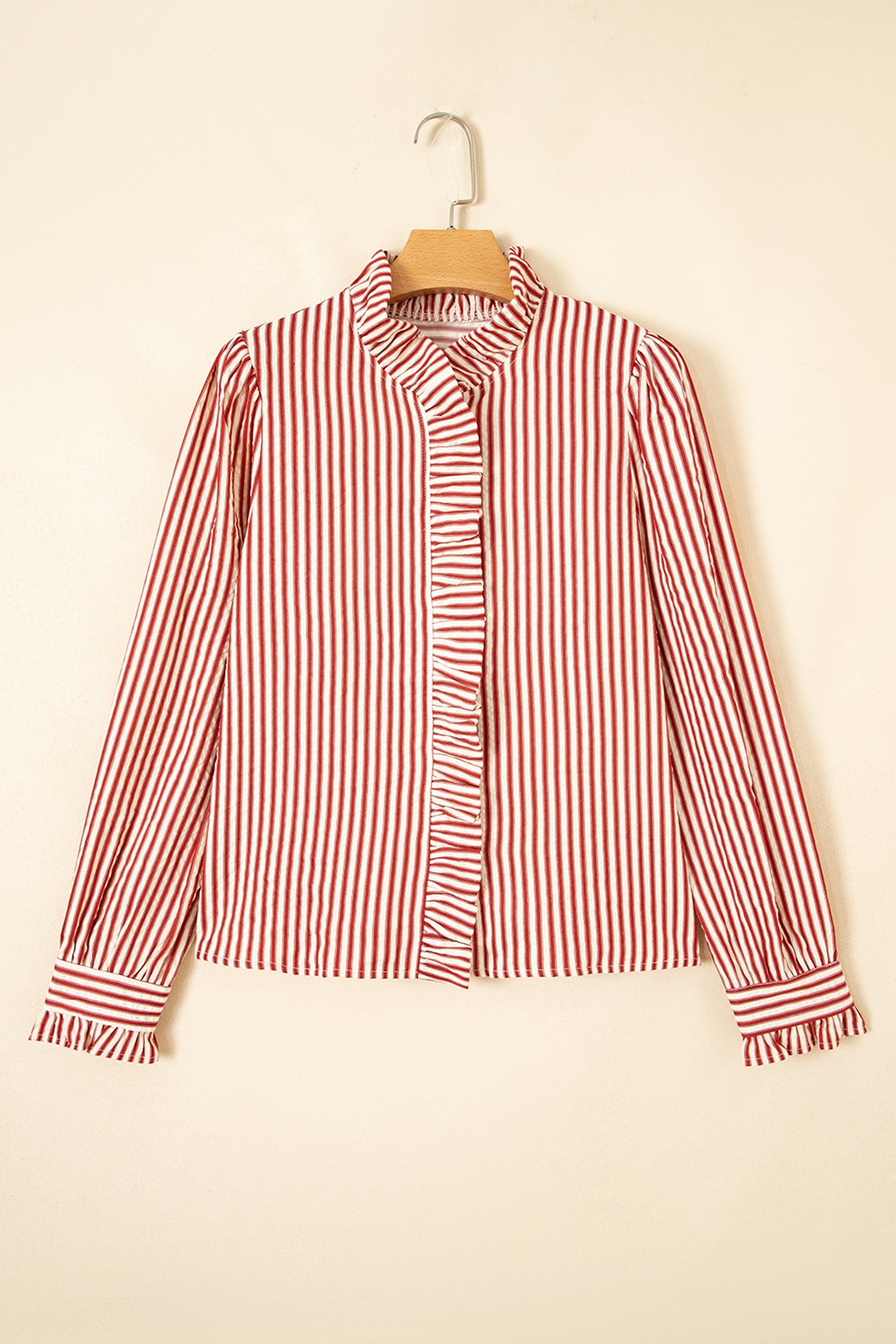 Red Stripe Textured Ruffle Trim Button-Up Long Sleeve Shirt