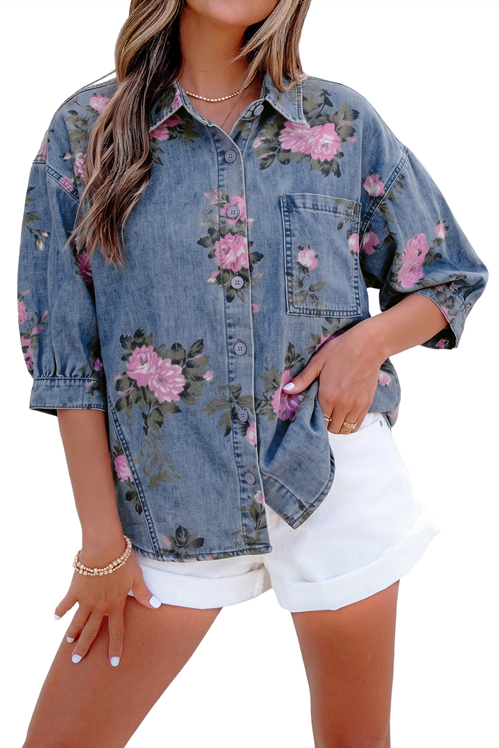 Blue Bracelet Sleeve Floral Denim Shirt