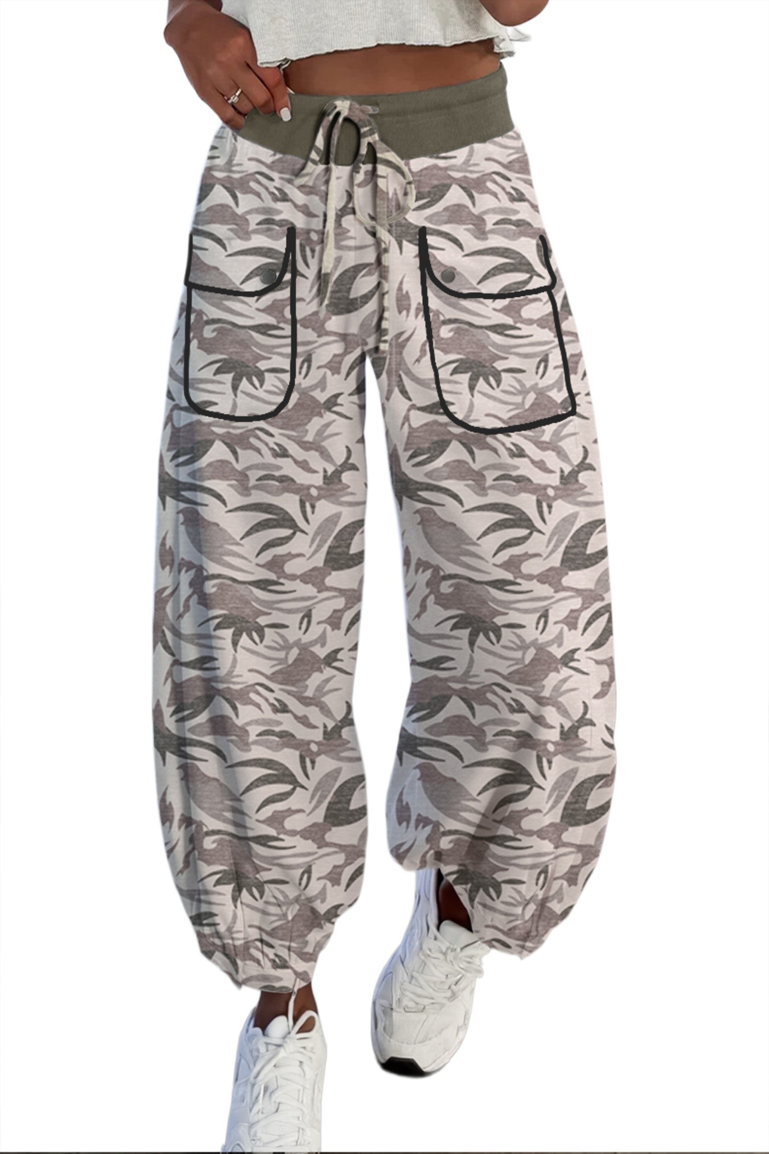 Multicolour Drawstring Contrast Waistband Camouflage Joggers Pants
