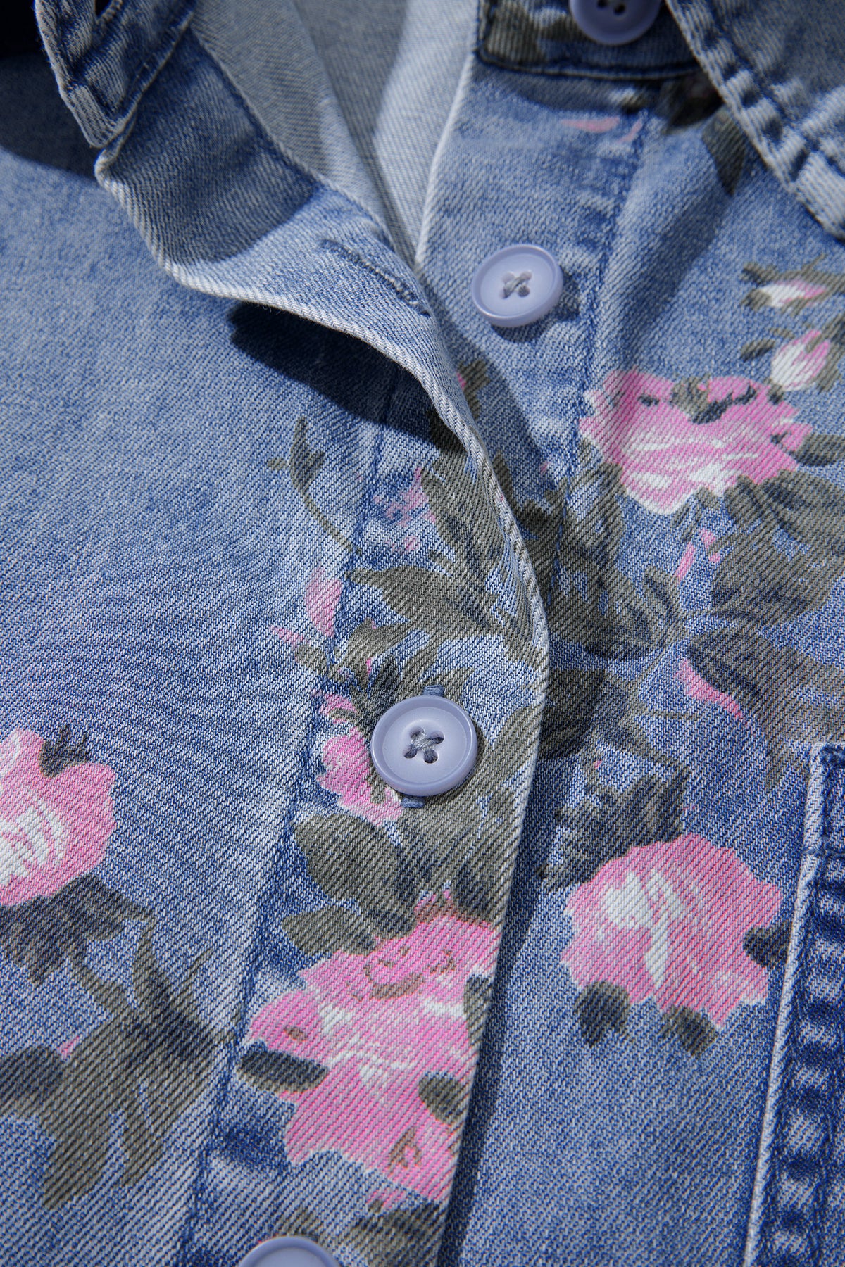 Blue Bracelet Sleeve Floral Denim Shirt