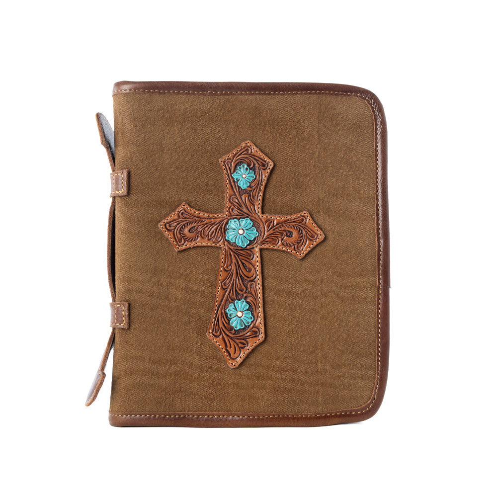 Myra Holycross Western Bible Cover in brown with flap closure and handtooled detail