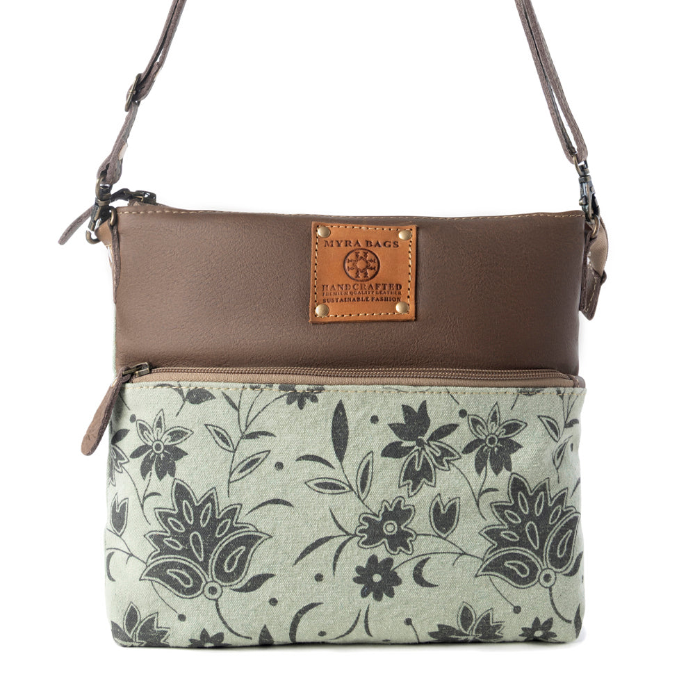 Myra Wildprint Trail upcycled canvas crossbody Bag for Women in sage with floral detail