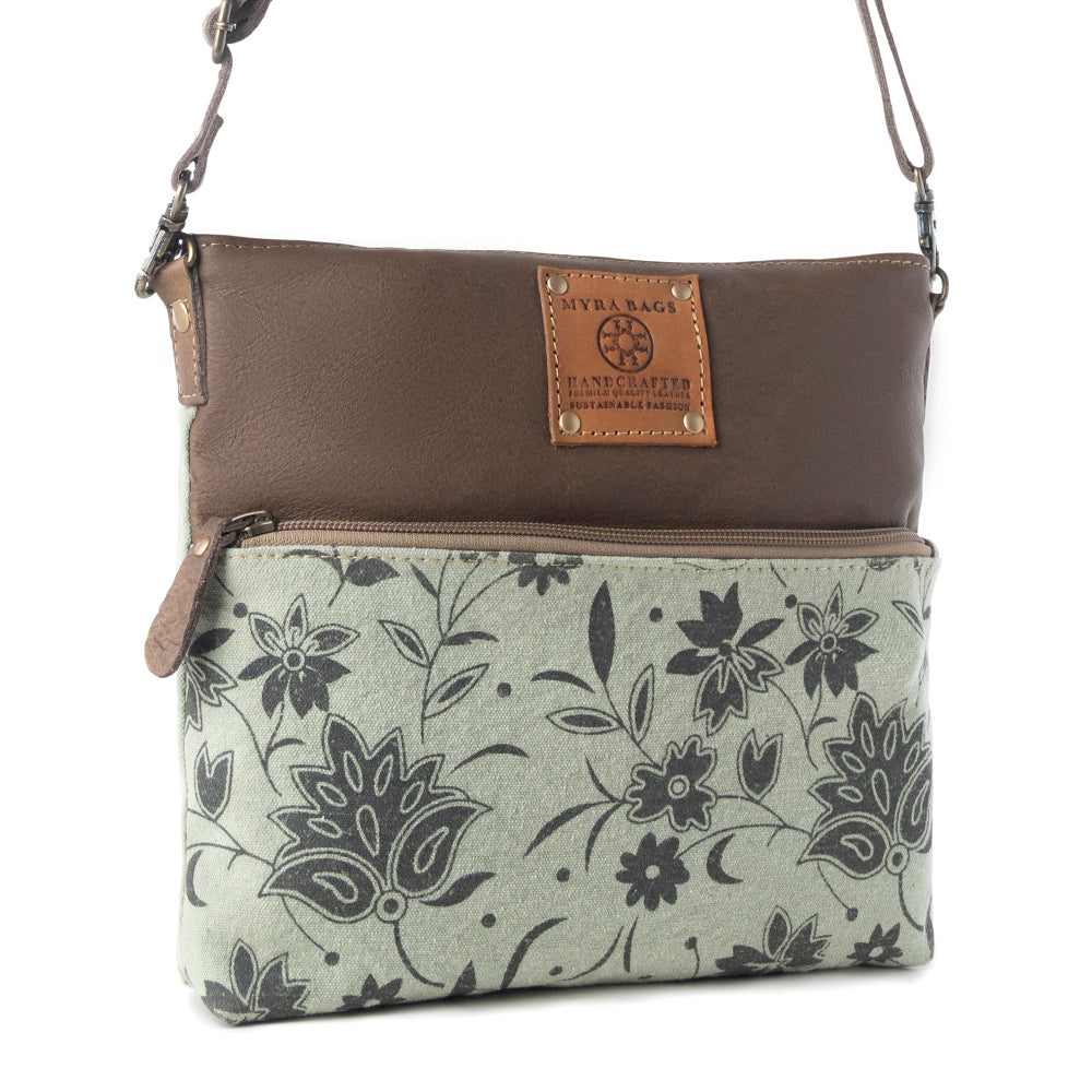 Myra Wildprint Trail upcycled canvas crossbody Bag for Women in sage with floral detail
