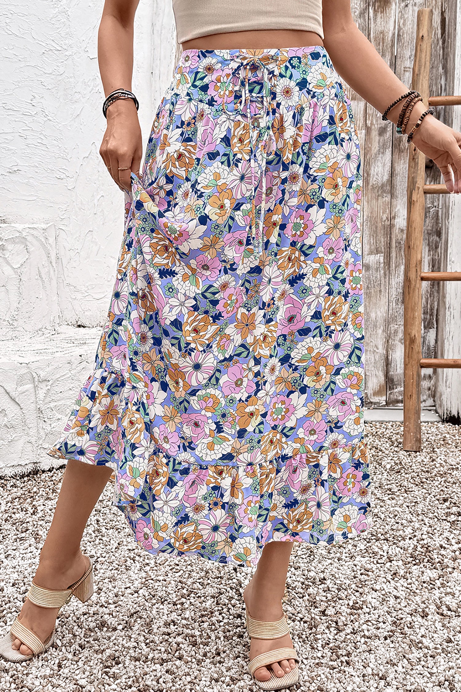Pink Floral Print Lace-up High Waist Ruffle Hem Maxi Skirt