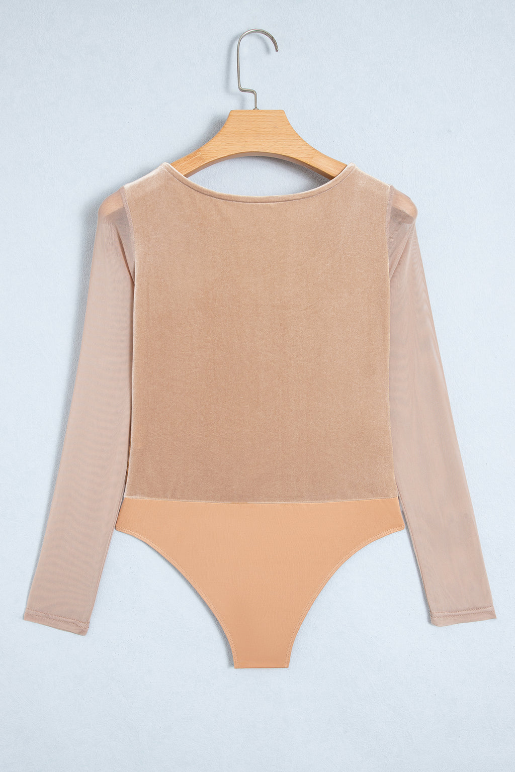 Light French Beige Solid Color Velvet Knot Square Neck Sheer Long Sleeve Bodysuit