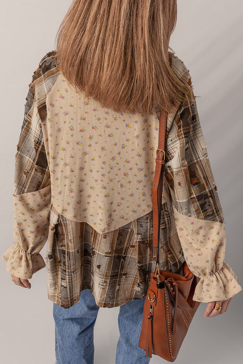 Ashleigh Blue Boho Floral Plaid Patchwork Distressed Detail Ruffled Sleeve Waffle Knit Shacket