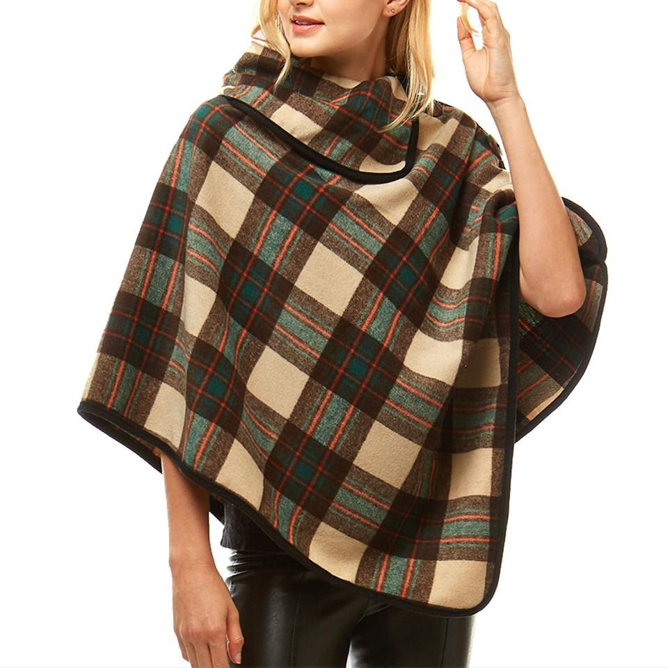 Averie Cozy Warm Plaid High Neck Collar Side Buttons Poncho High Neck Ruana