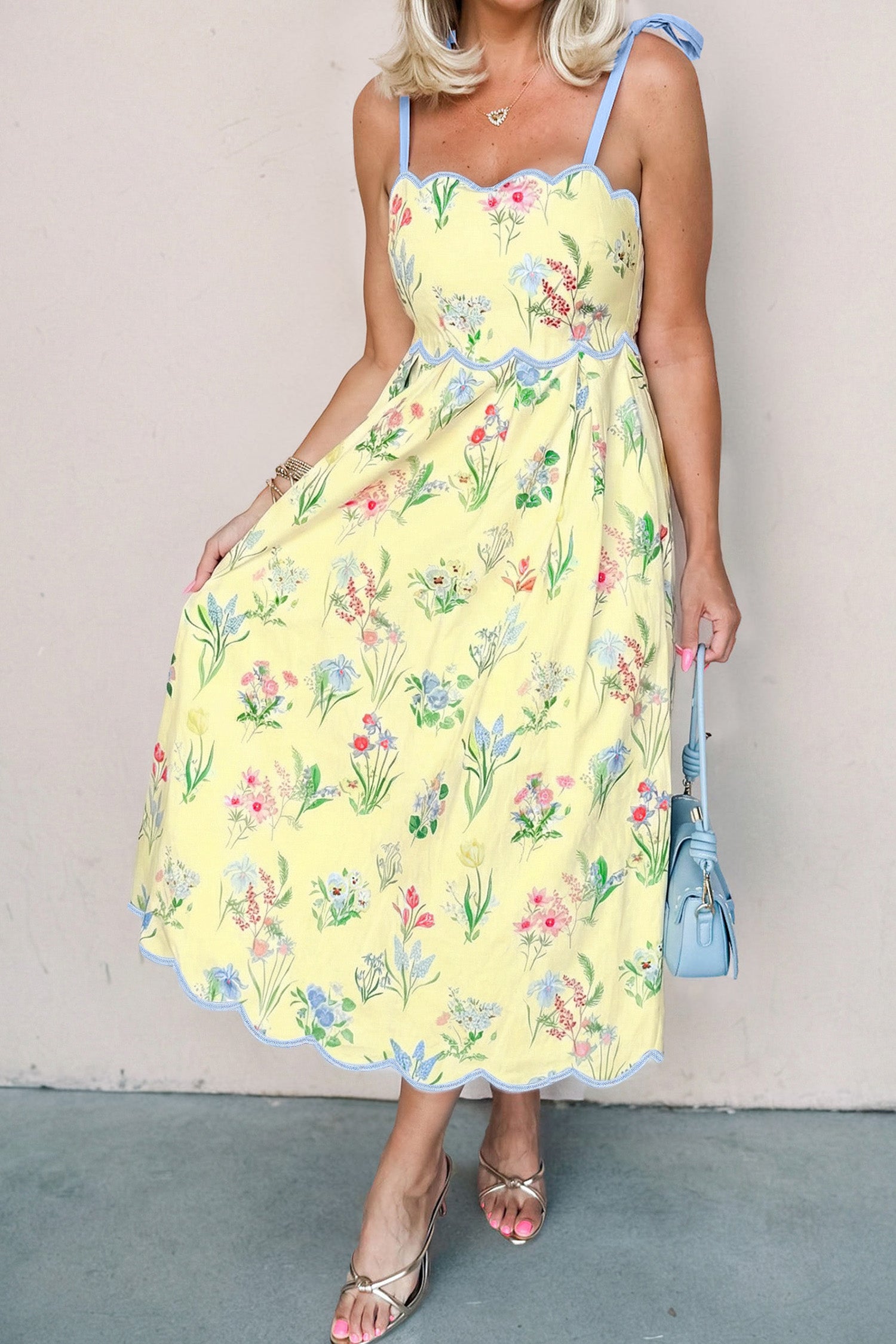 Pink Floral Print Contrast Trim Self-tie Straps High Waist Midi Dress