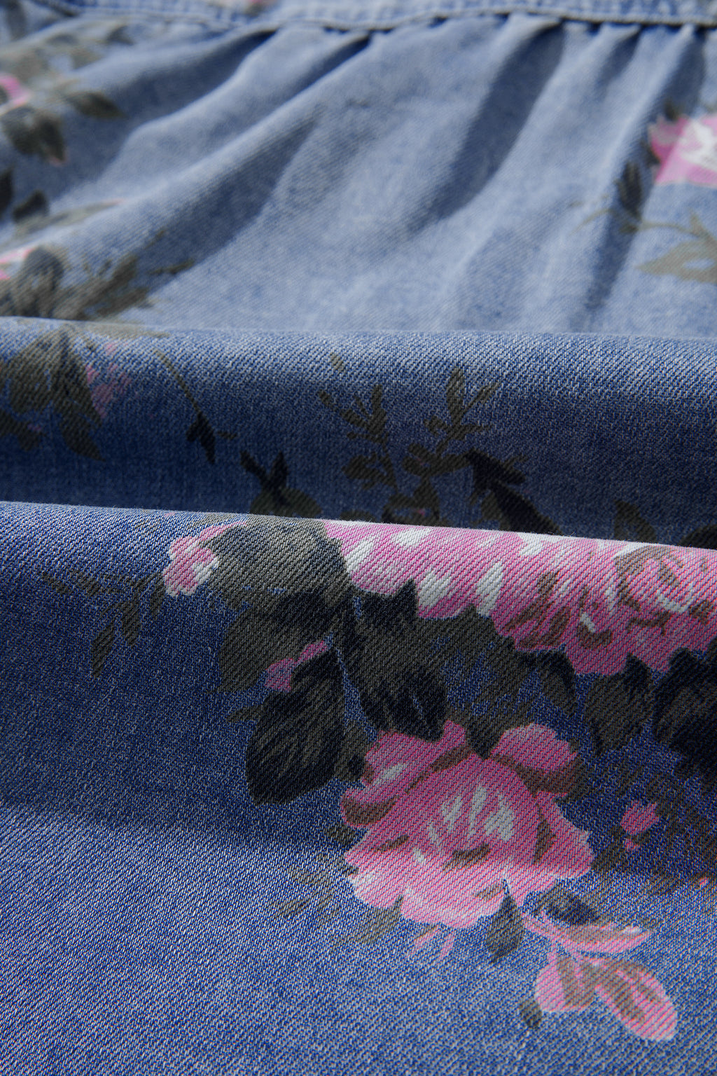 Blue Bracelet Sleeve Floral Denim Shirt