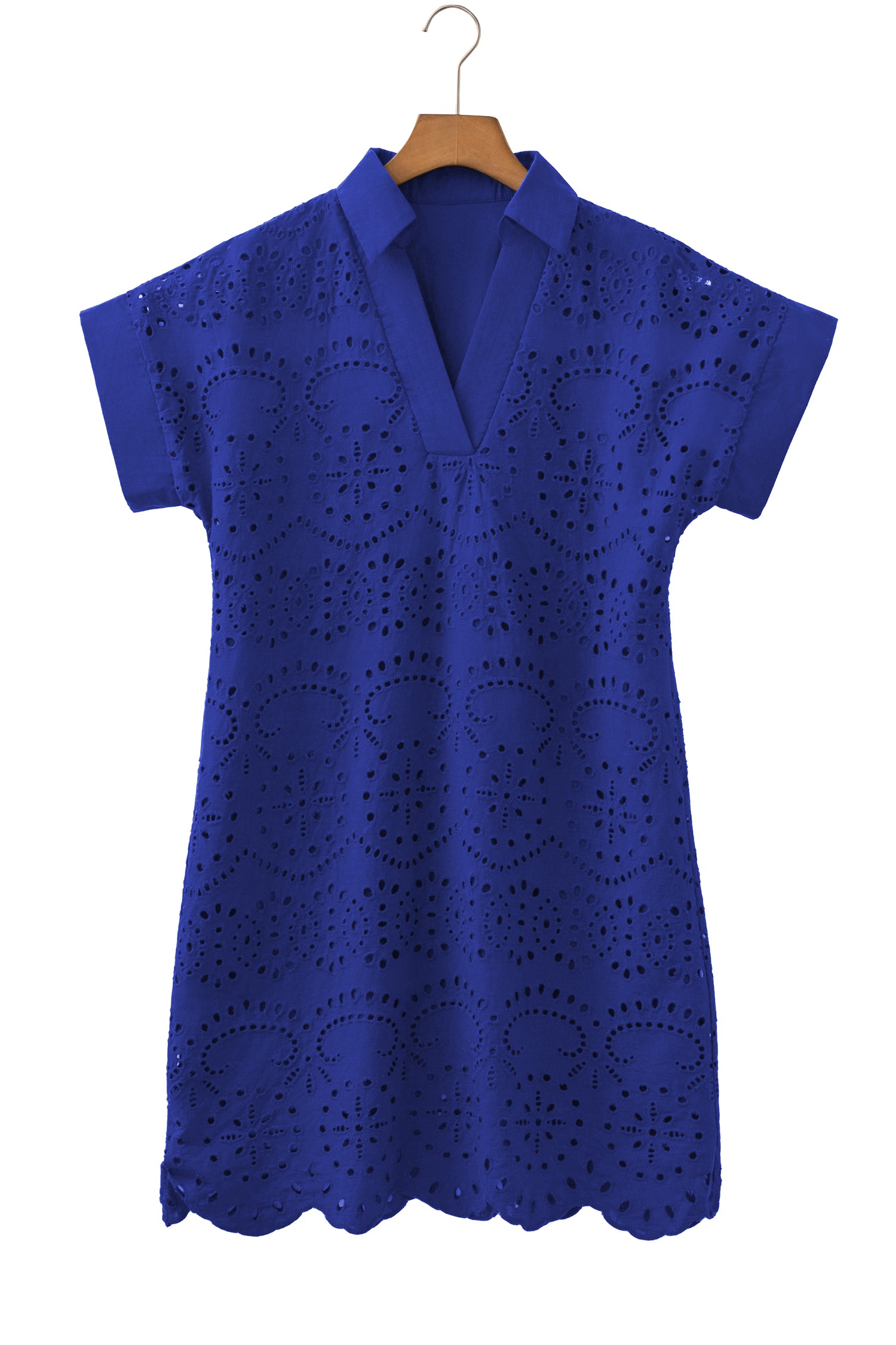 Dark Blue Solid Color Eyelet Embroidered T Shirt Mini Dress