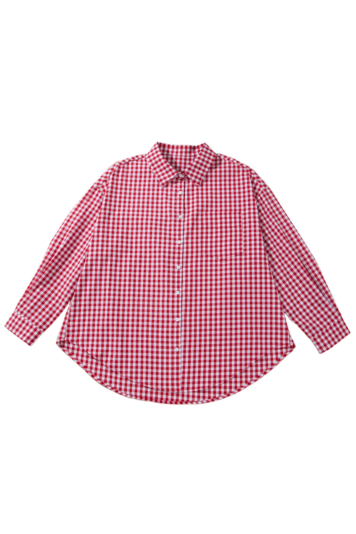 Red Plaid V Neck Long Sleeve Tunic Loose Fit Plus Size Shirt