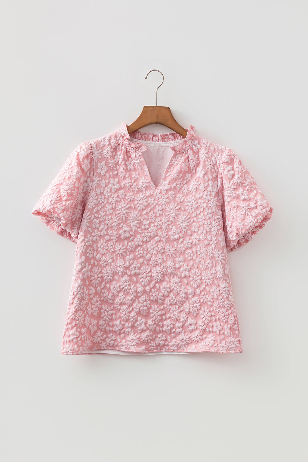 Beige Floral Textured Jacquard Puff Sleeve Blouse