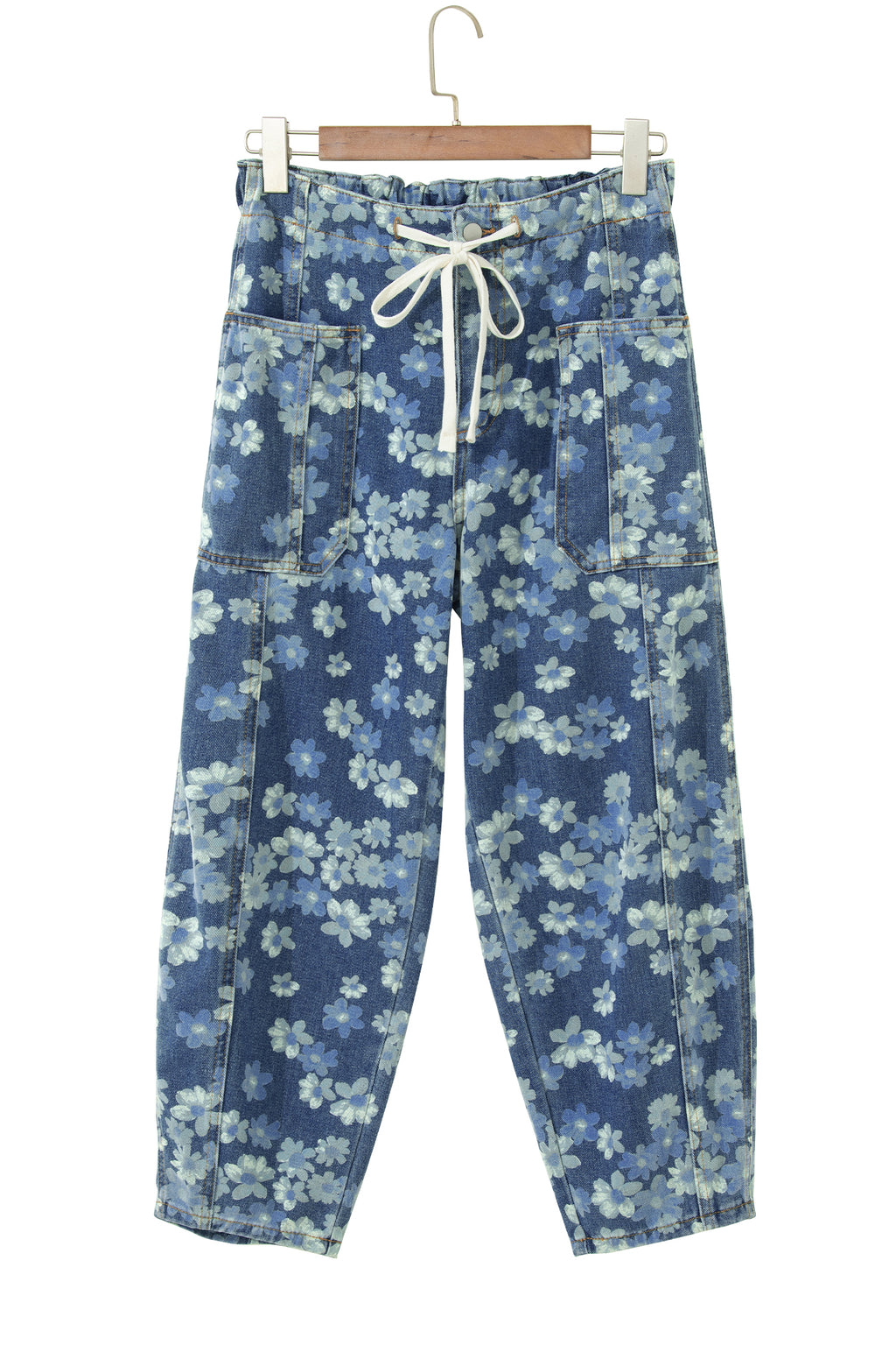 Sky Blue Dainty Floral Printed Drawstring Barrel Jeans