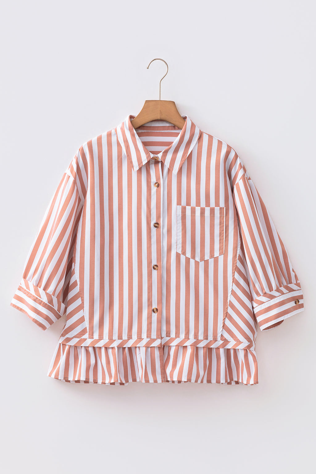 Khaki Stripe Collar Button Front Bracelet Sleeve Ruffle Hem Shirt