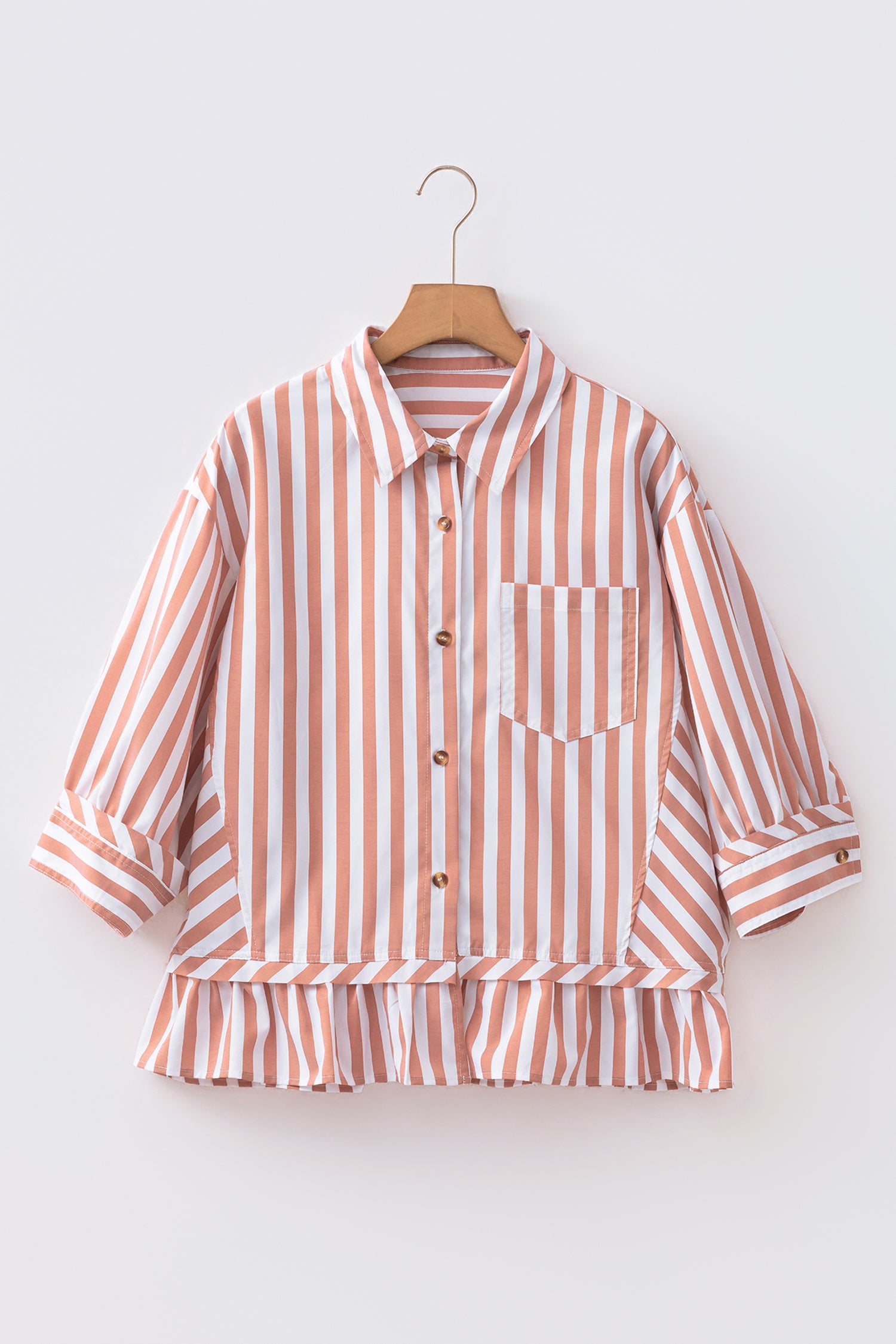 Khaki Stripe Collar Button Front Bracelet Sleeve Ruffle Hem Shirt