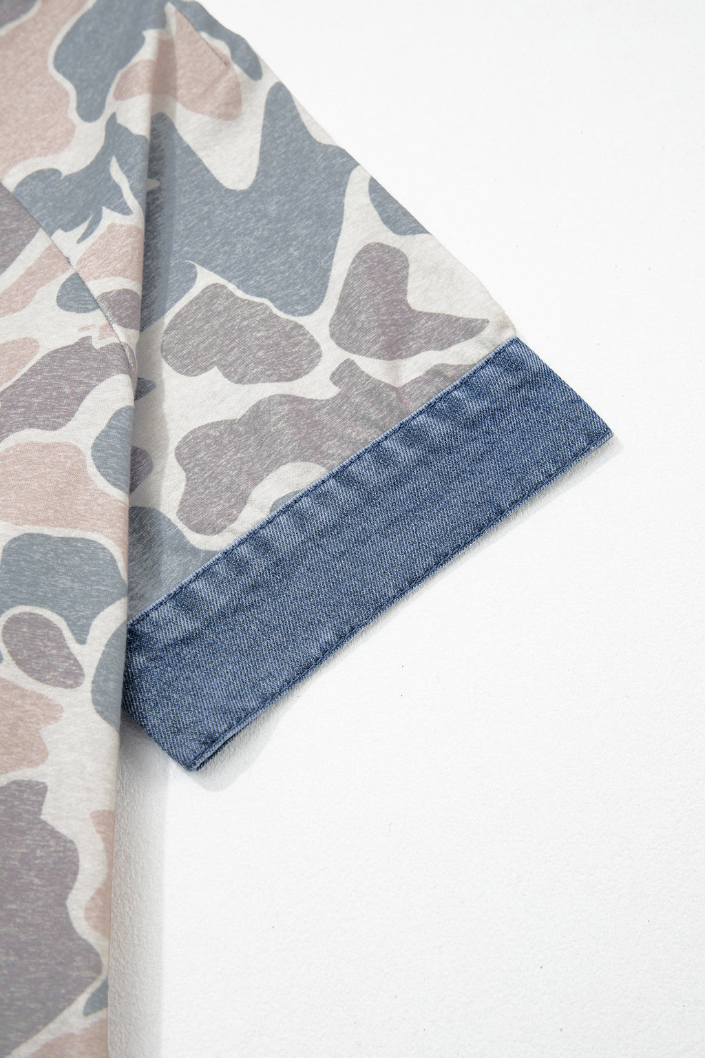 Multicolour Camouflage Print Denim Patchwork Polo Collar Tee