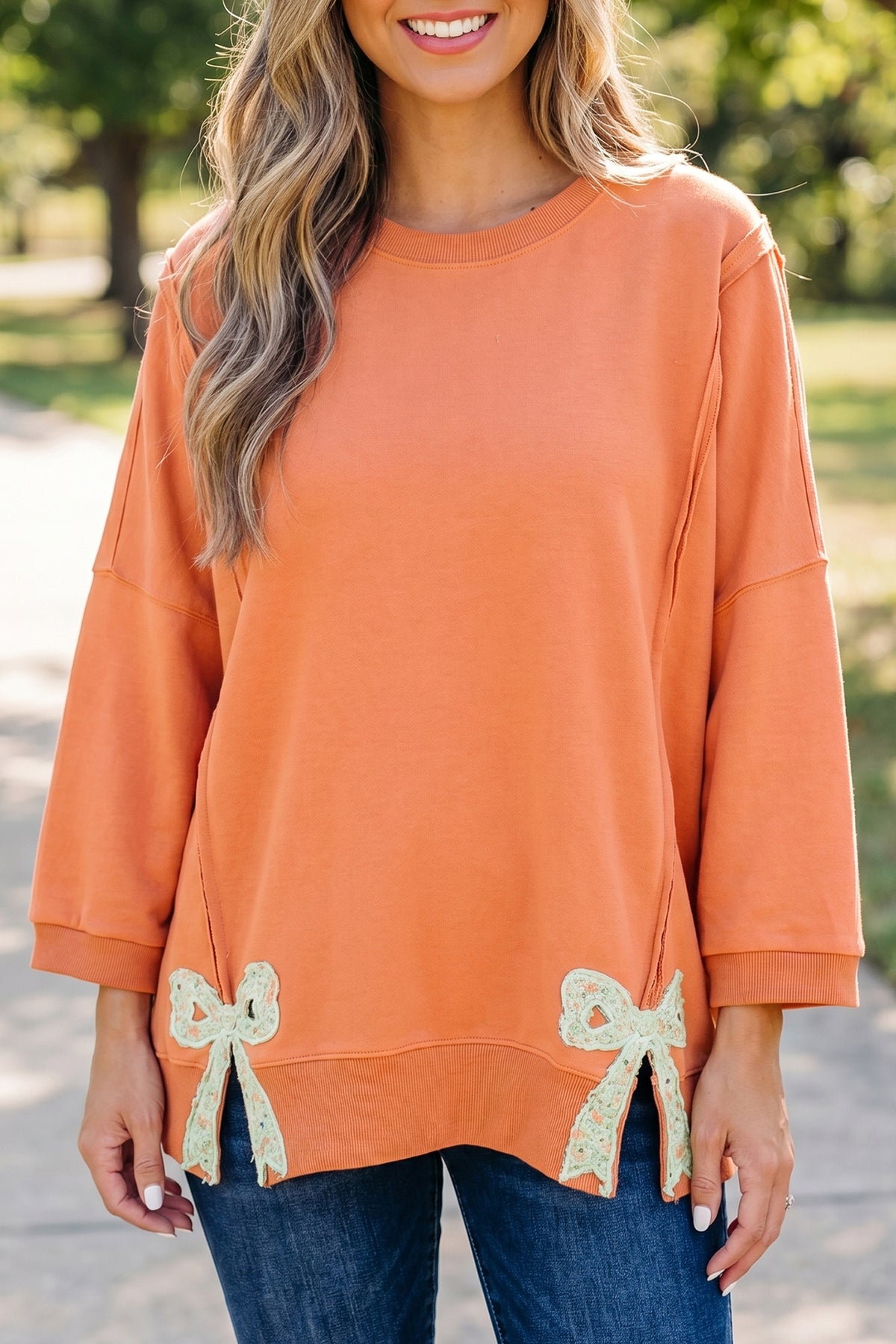 Fiery Red Floral Bow Patched Exposed Seam Patchwork Slit Baggy Sweatshirt
