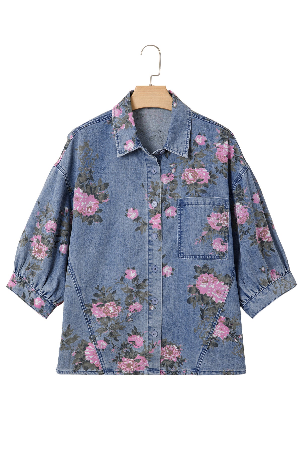 Blue Bracelet Sleeve Floral Denim Shirt