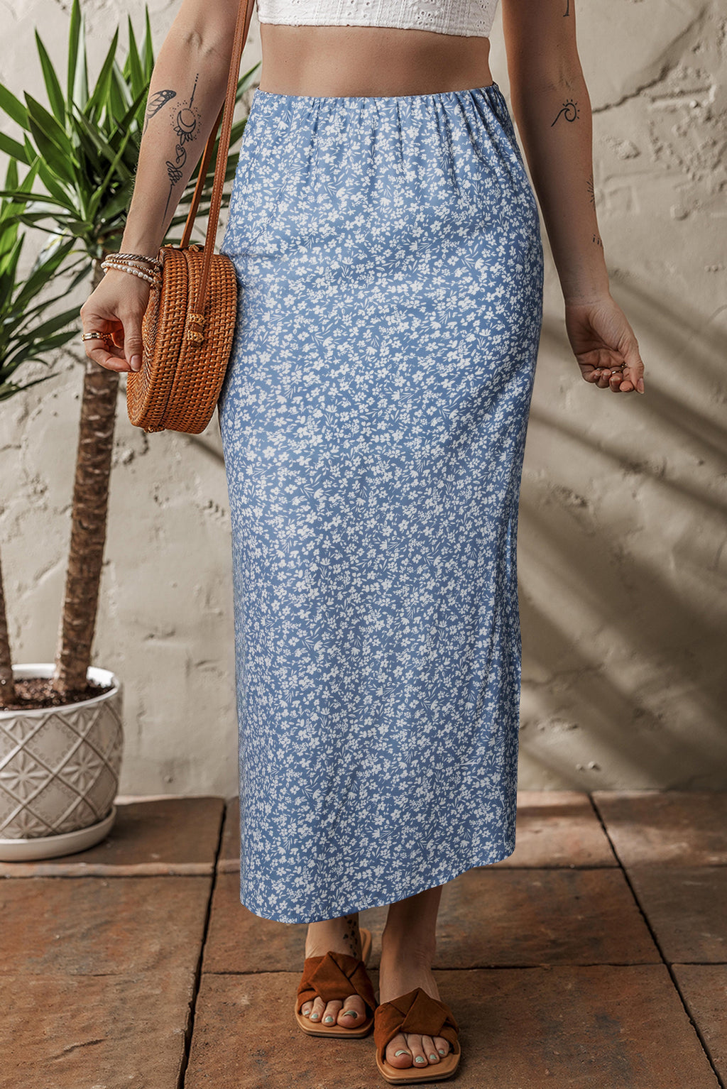Sky Blue Boho Floral High Waist Long Skirt with Side Split