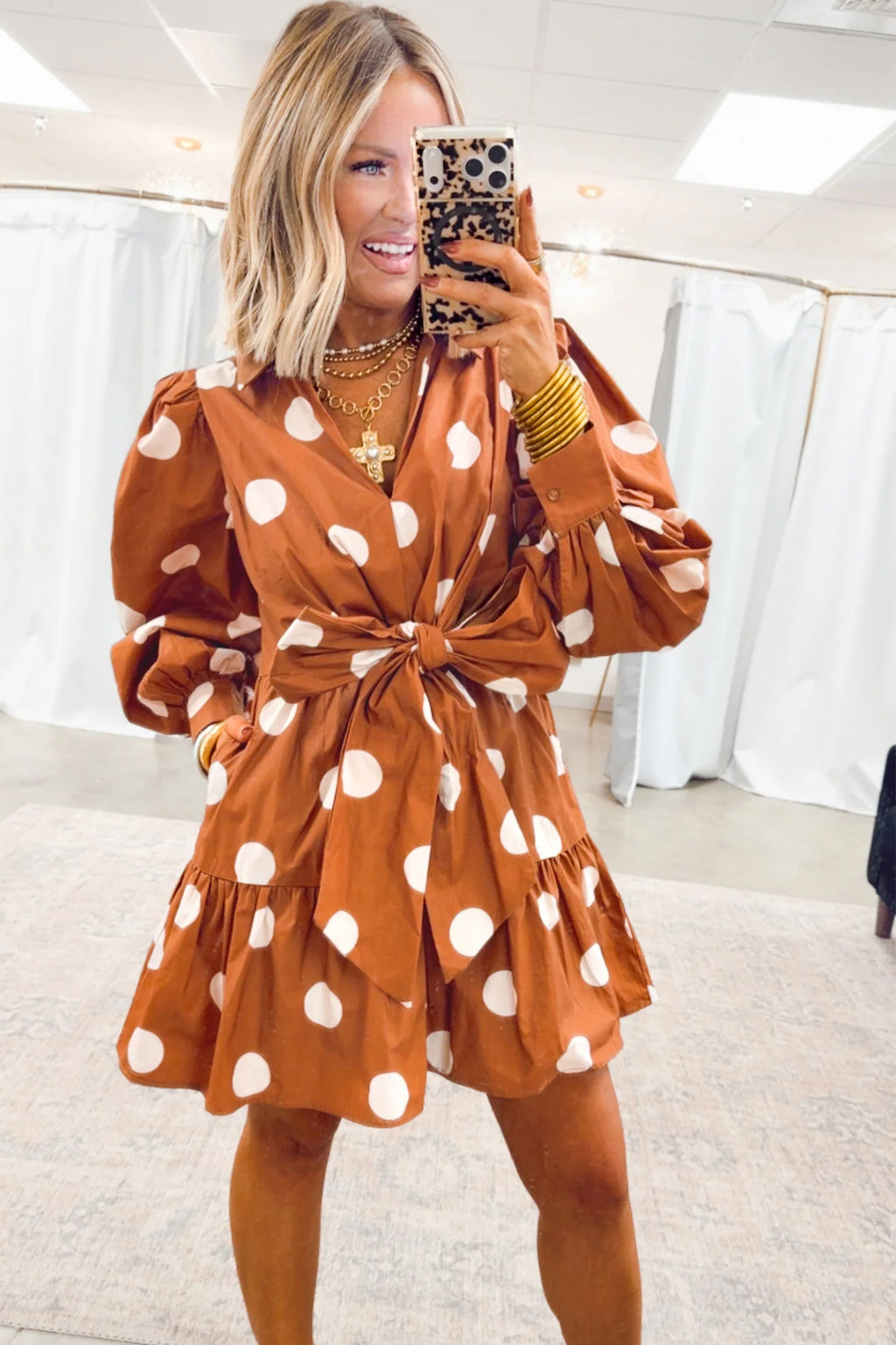 Brown Polka Dot Long Sleeve Tie Waist Casual Shift Mini Dress