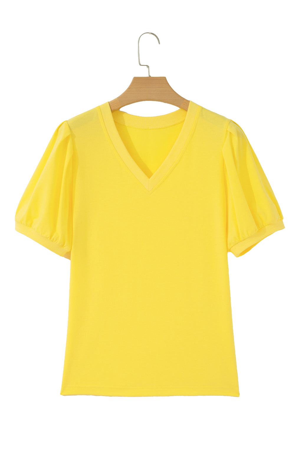 Mint Green Solid Color V Neck Short Puff Sleeve Blouse