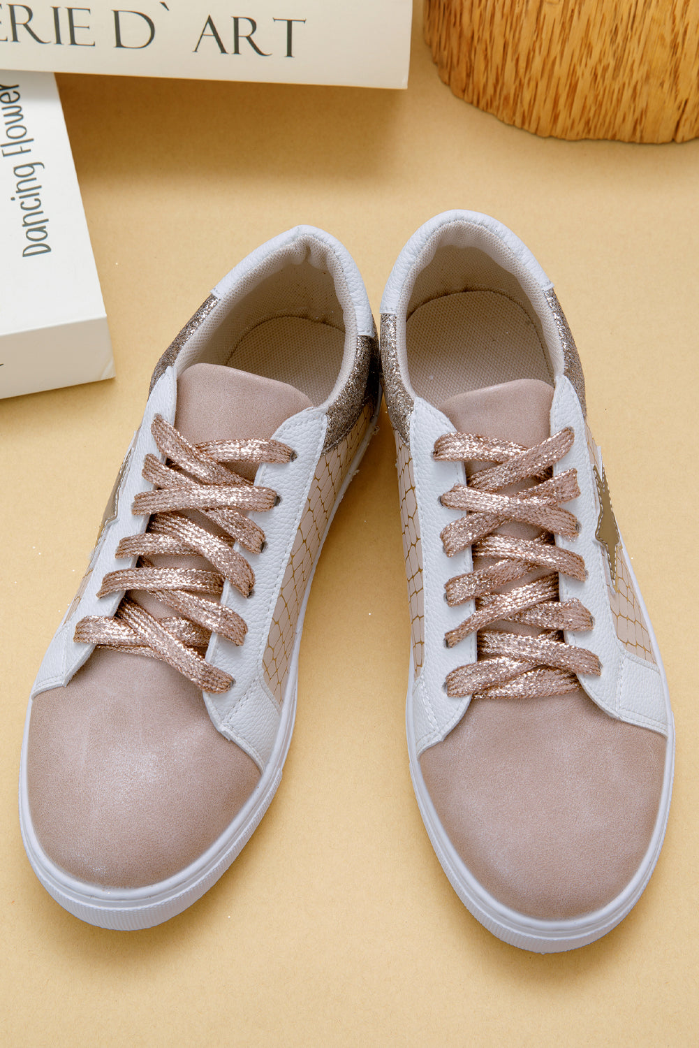 Dearlove Gold Glitter Star Patchwork PU Leather Lace-up Sneakers