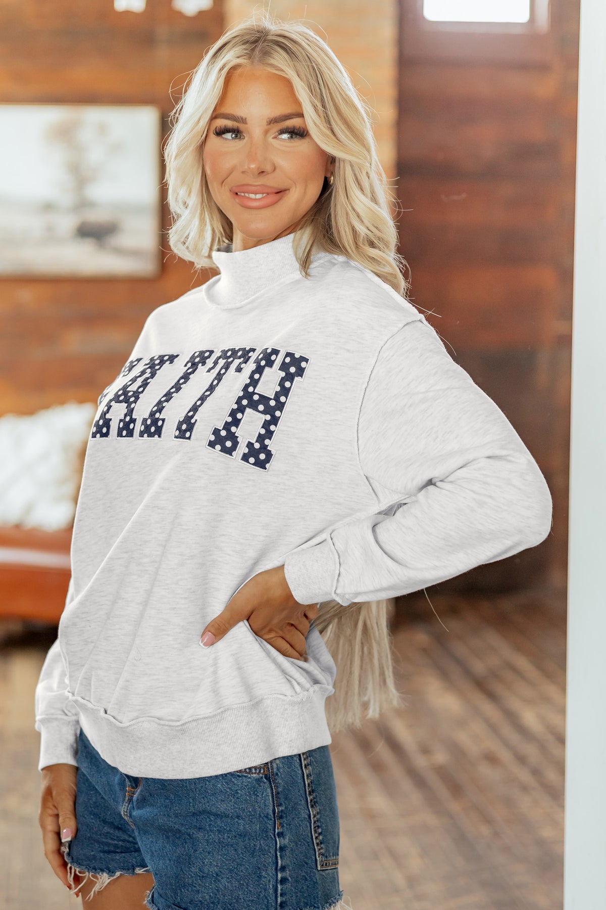 Light Grey High Neck Polka Dot Slogan Printed Baggy Sweatshirt