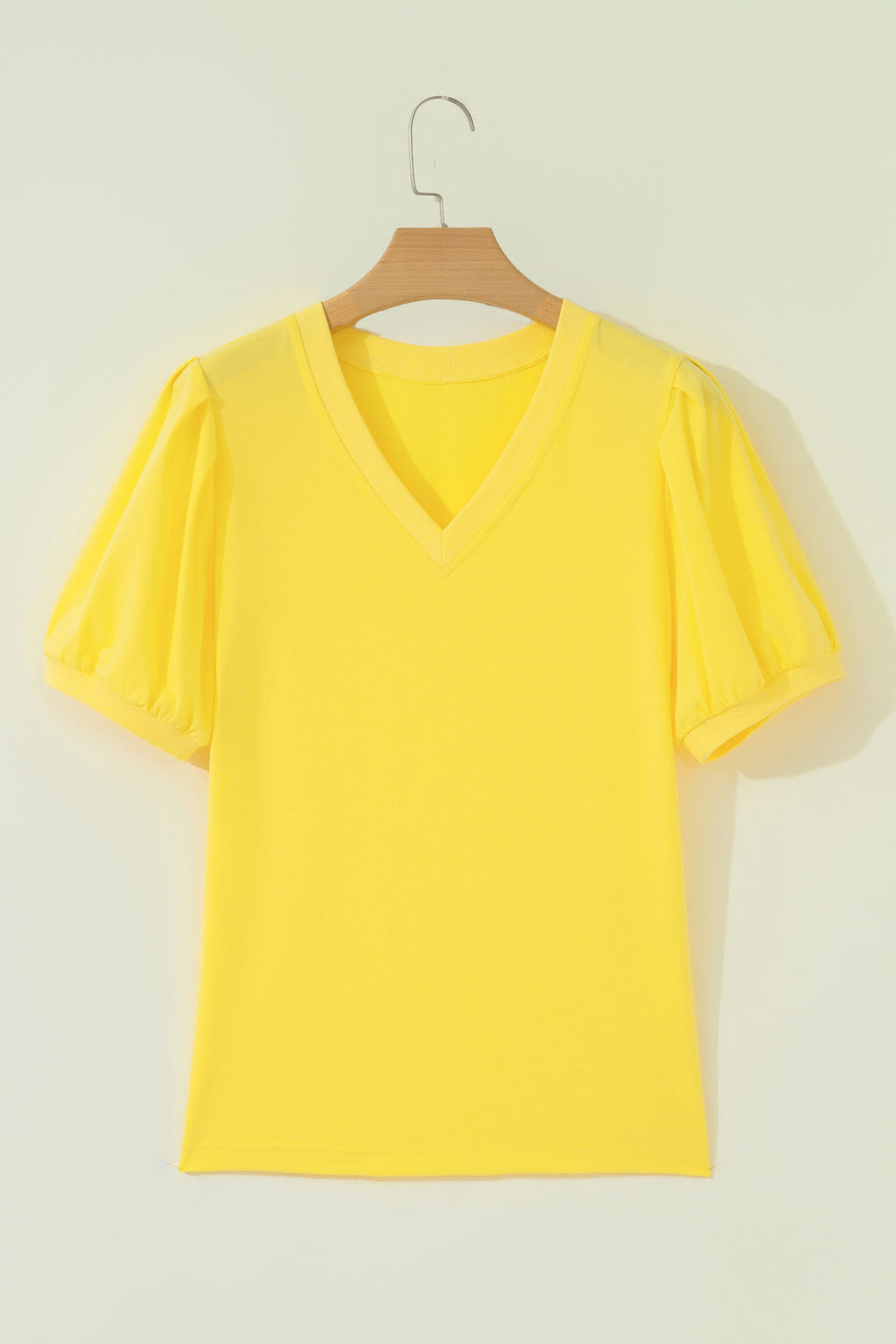 Mint Green Solid Color V Neck Short Puff Sleeve Blouse
