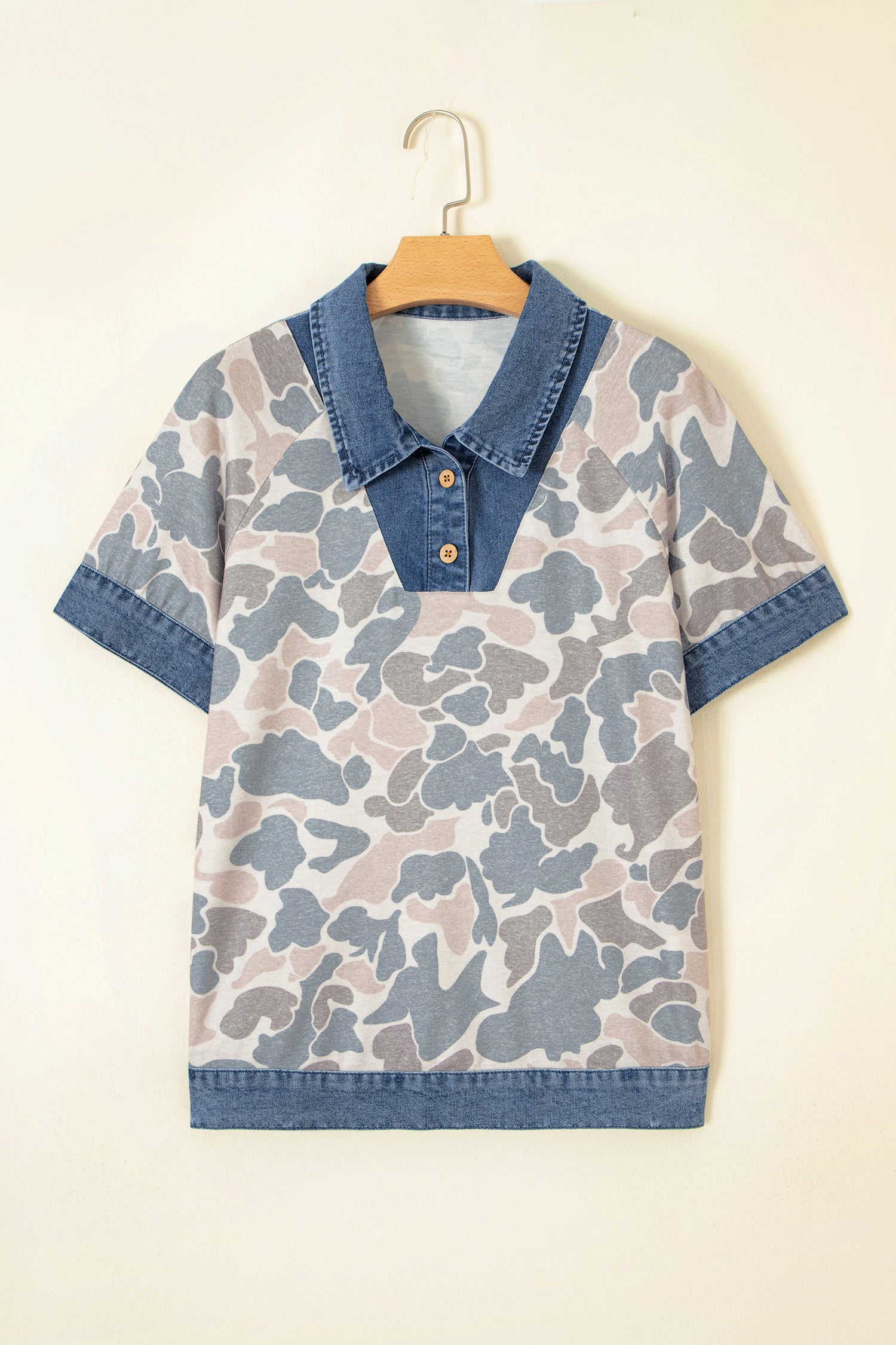 Multicolour Camouflage Print Denim Patchwork Polo Collar Tee