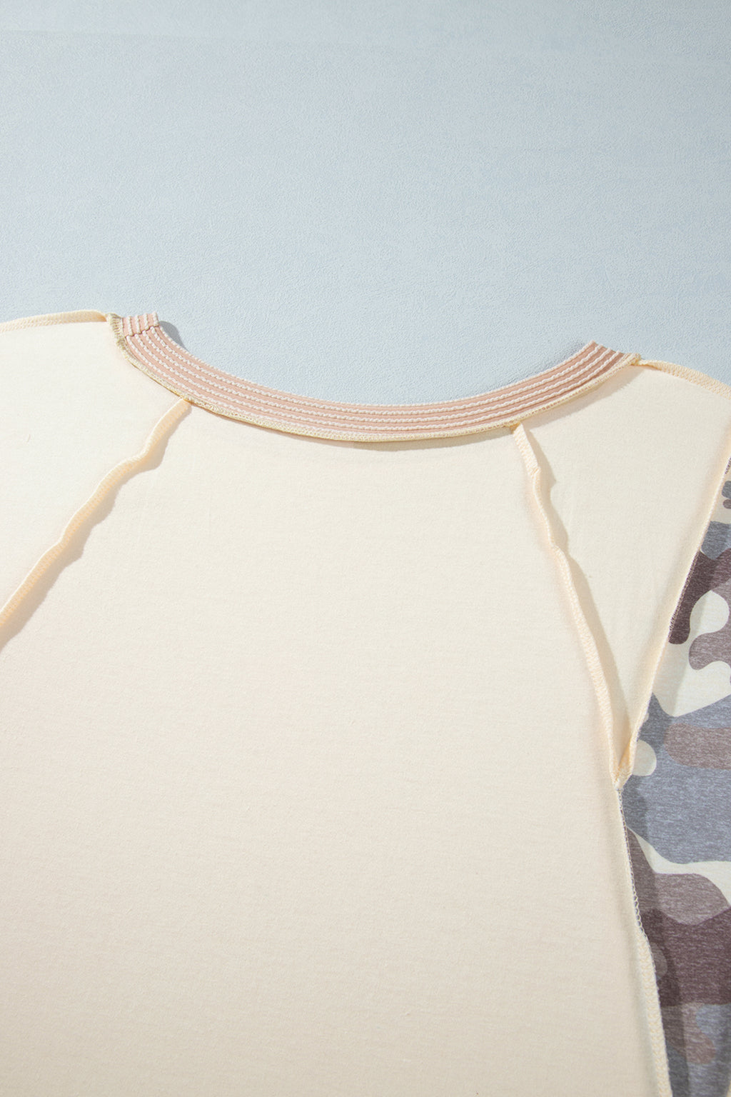 Apricot Camouflage Panel Twist Rib Sleeve Round Neck Loose Fit Plus Size Blouse