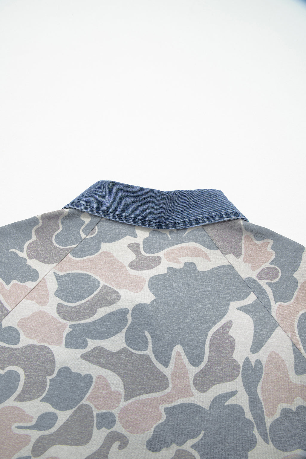 Multicolour Camouflage Print Denim Patchwork Polo Collar Tee